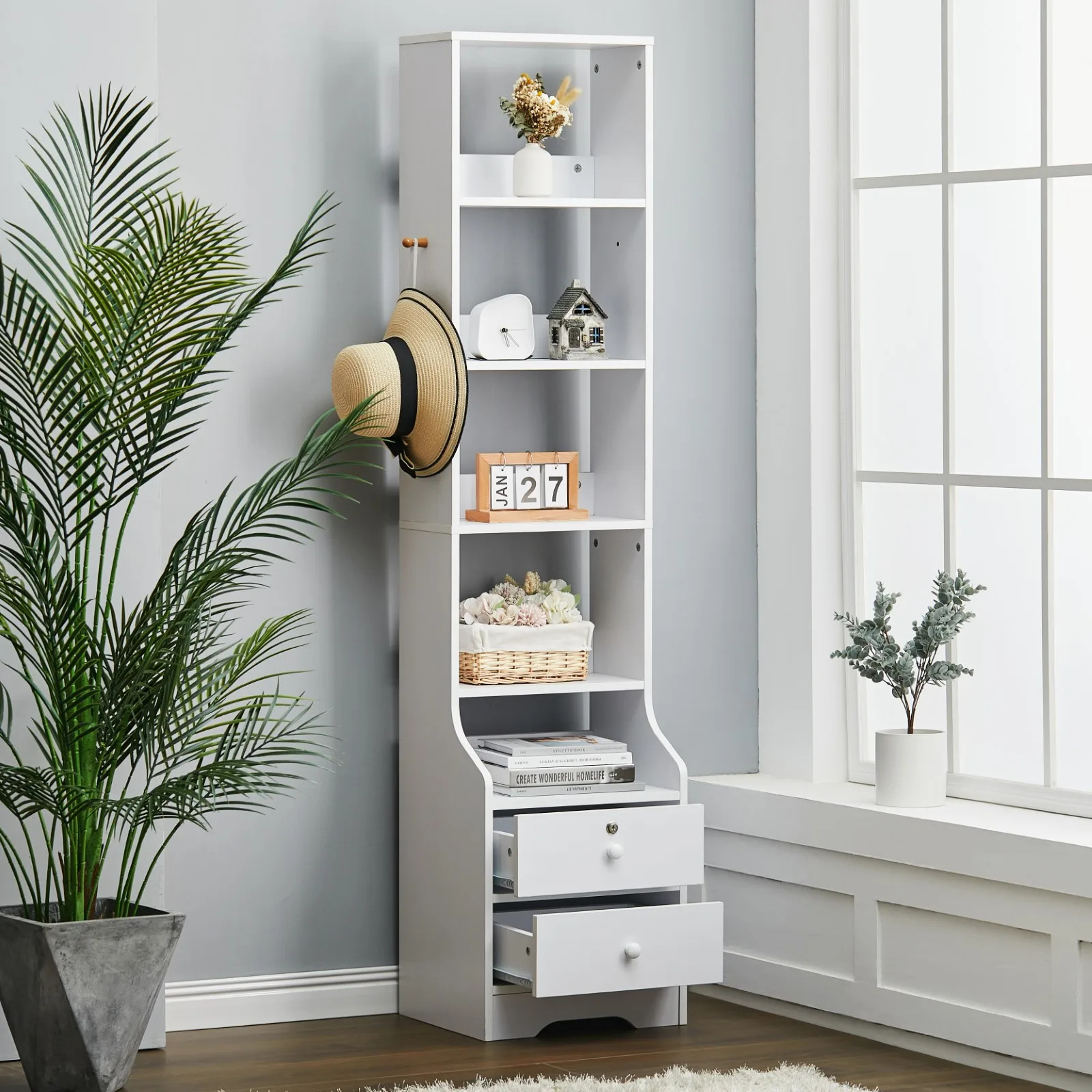 【Lifeideas】White Corner Bookshelf 3/4/5 Layers Wooden Ultra-thin Storage Rack with Lockable Drawer for Living Room Bedroom Hom