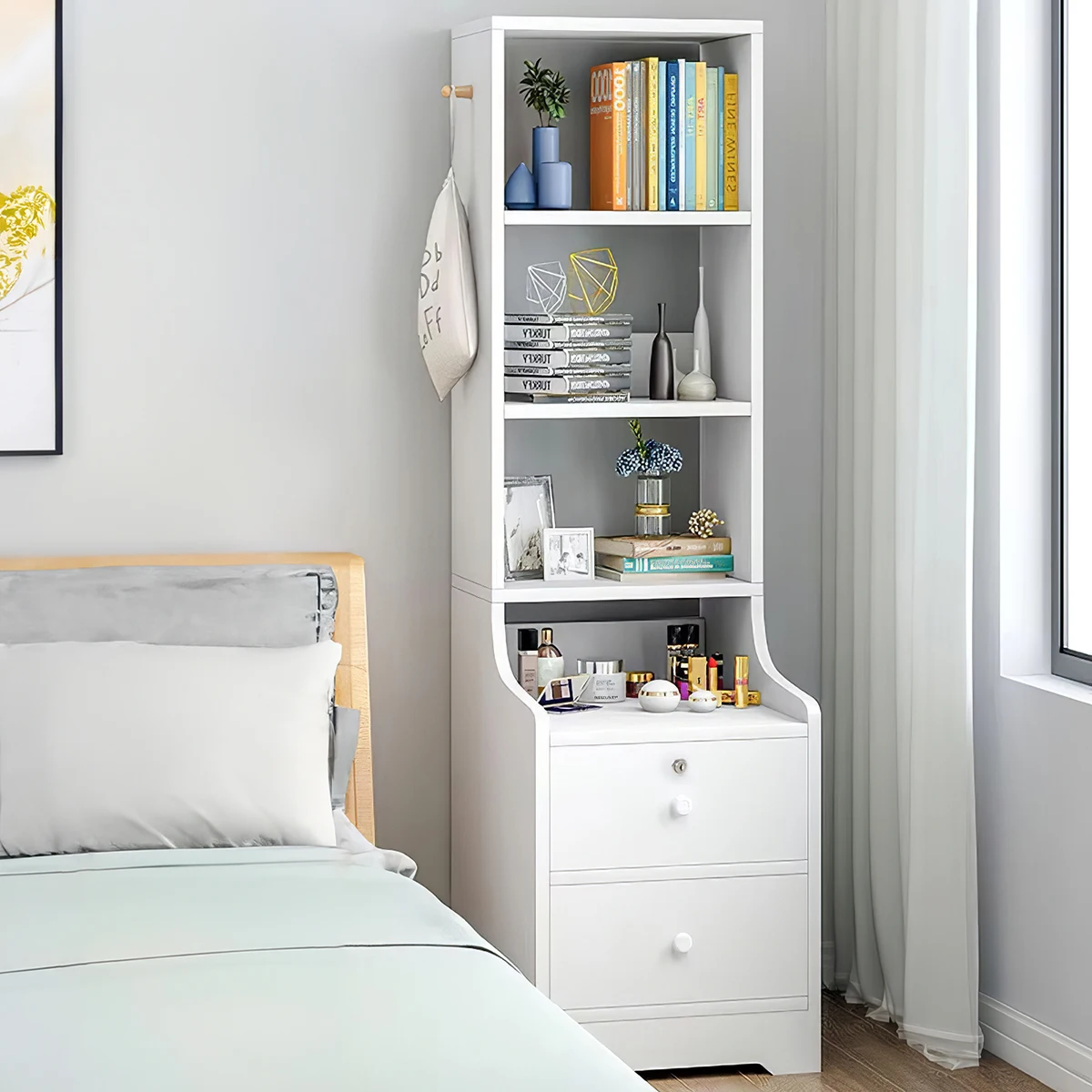 【Lifeideas】White Corner Bookshelf 3/4/5 Layers Wooden Ultra-thin Storage Rack with Lockable Drawer for Living Room Bedroom Hom