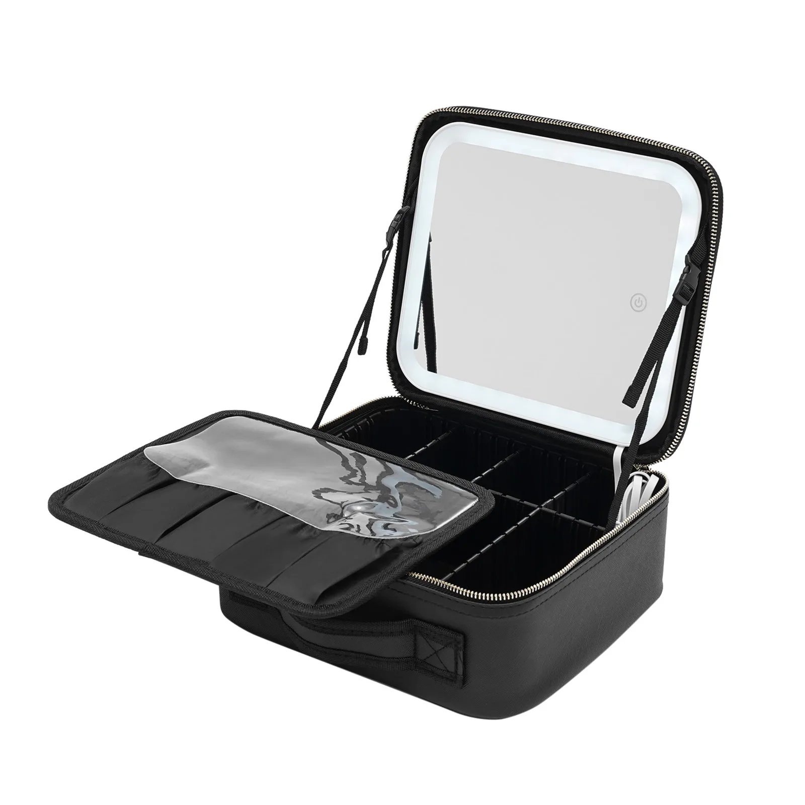 Travel Makeup Bag with LED Mirror, Organiser Case with Adjustable Compartment, 3 Color Scenarios Adjustable Makeup Train Case