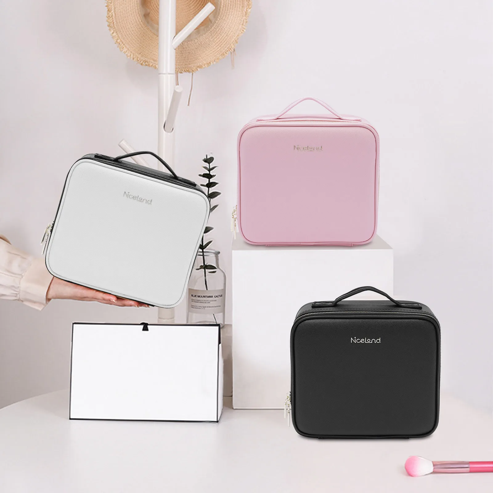 Travel Makeup Bag with LED Mirror, Organiser Case with Adjustable Compartment, 3 Color Scenarios Adjustable Makeup Train Case