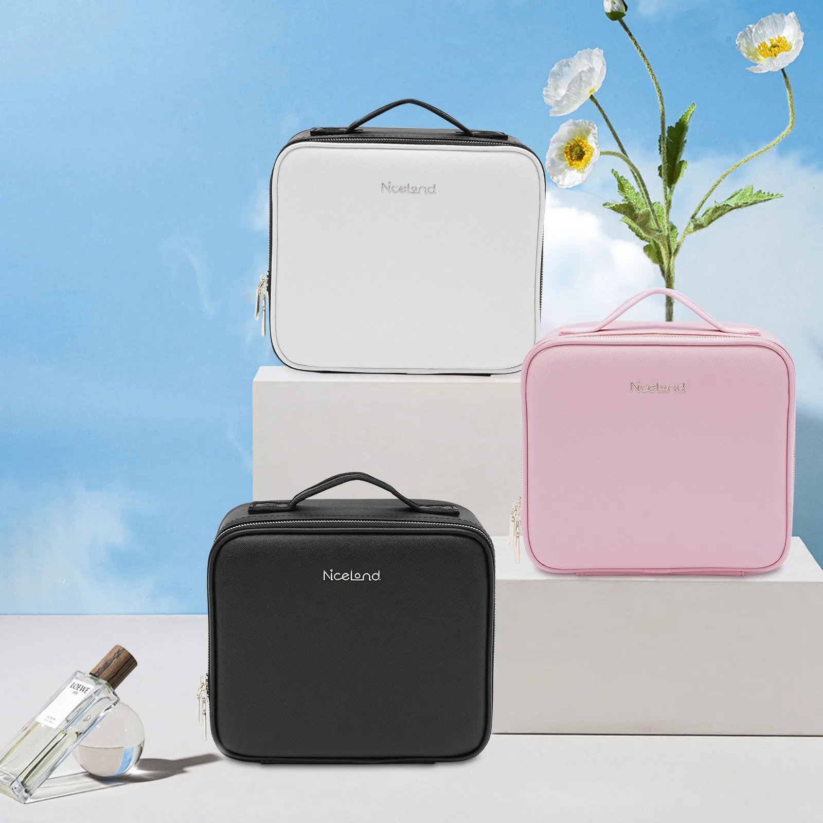 Travel Makeup Bag with LED Mirror, Organiser Case with Adjustable Compartment, 3 Color Scenarios Adjustable Makeup Train Case