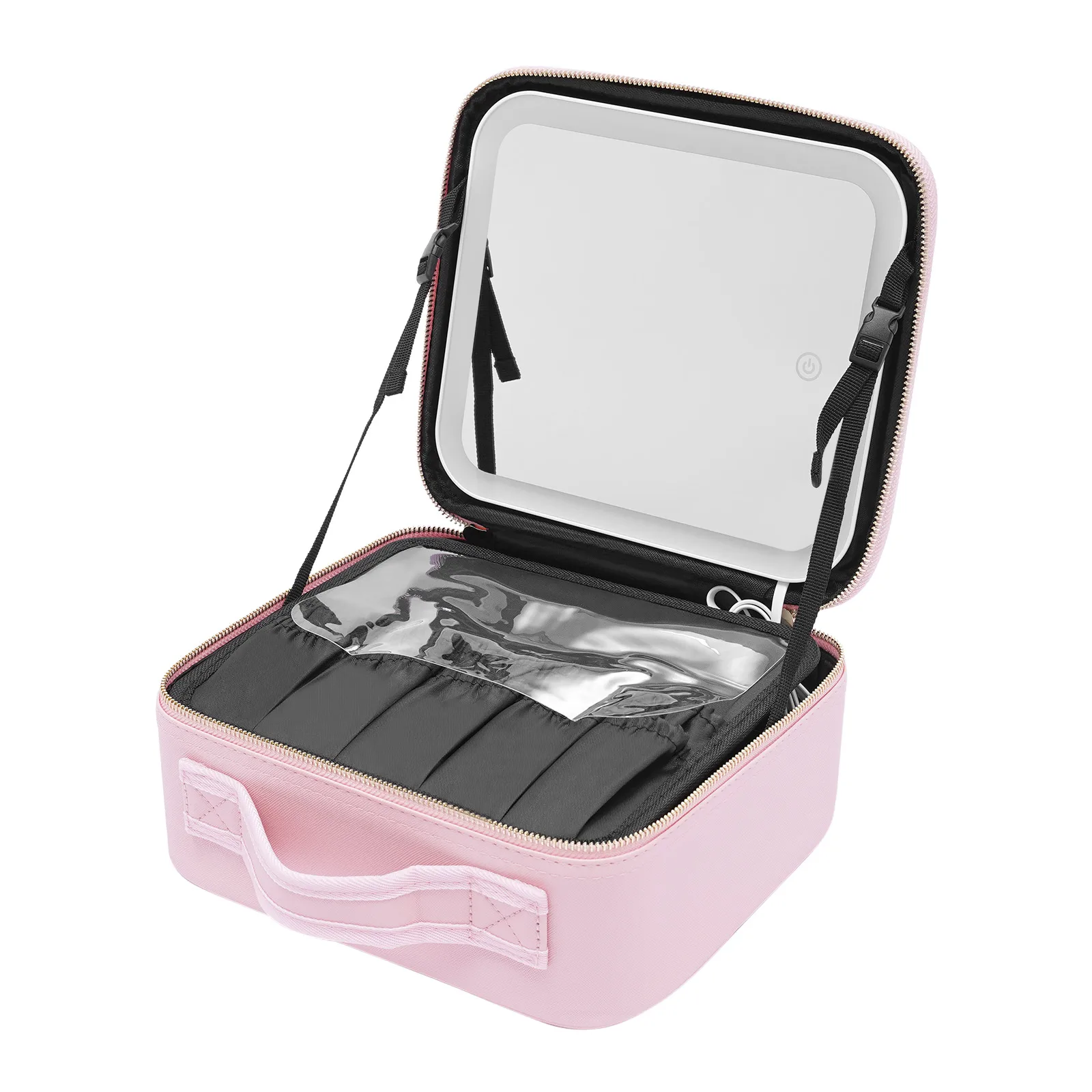 Travel Makeup Bag with LED Mirror, Organiser Case with Adjustable Compartment, 3 Color Scenarios Adjustable Makeup Train Case