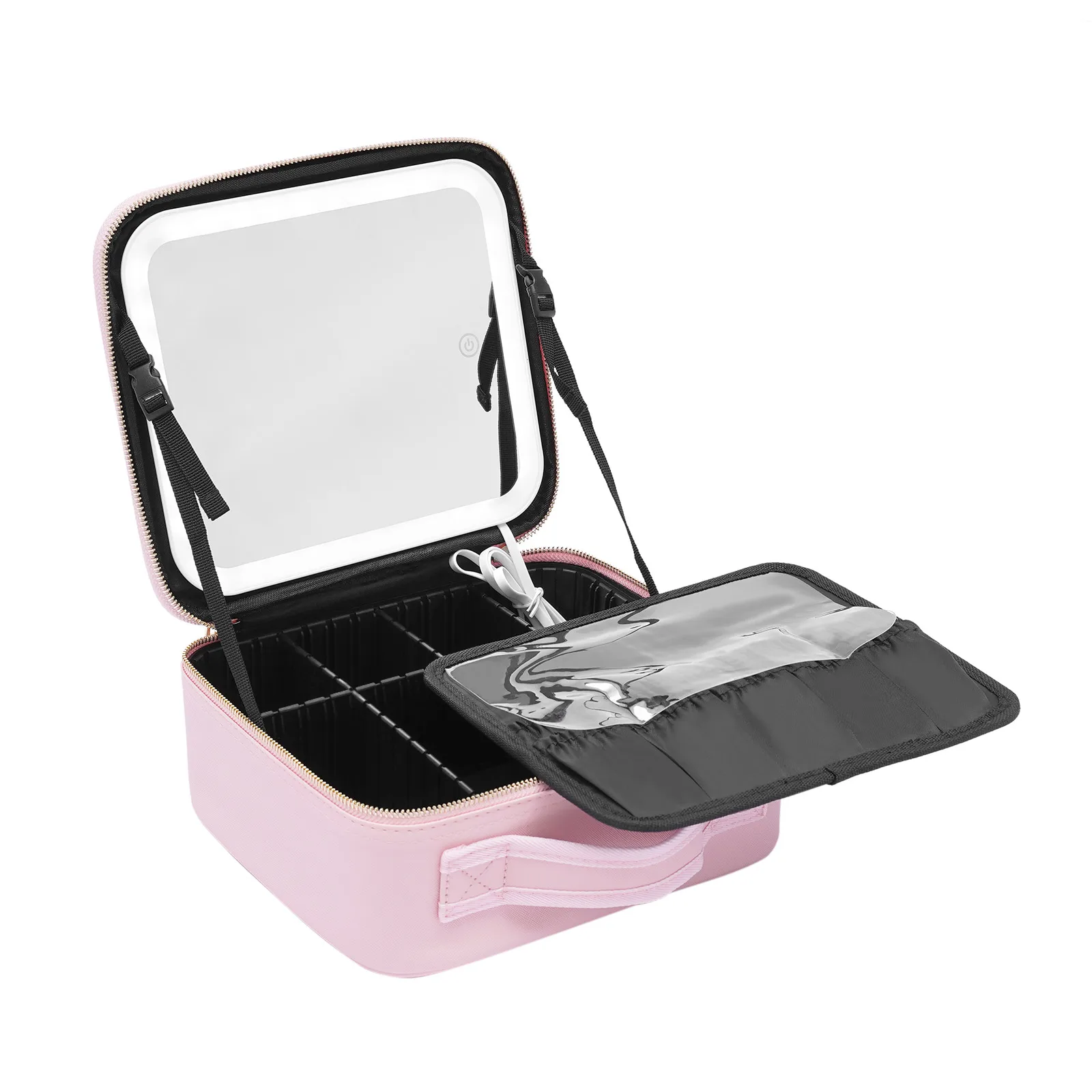 Travel Makeup Bag with LED Mirror, Organiser Case with Adjustable Compartment, 3 Color Scenarios Adjustable Makeup Train Case