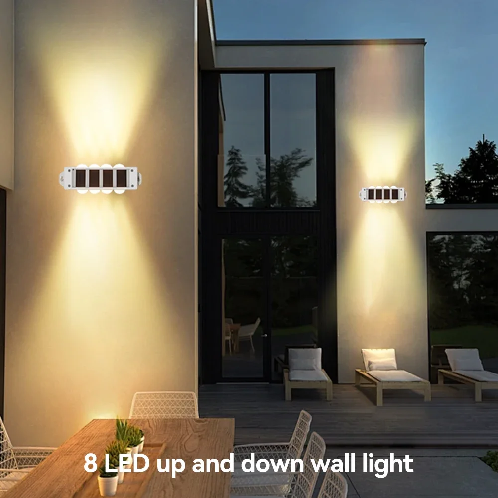 Solar Warm Light Wall Lights Up and down Lighting 8LED Wall Washing Waterproof for Outdoor Fence Walkway Porch Deck
