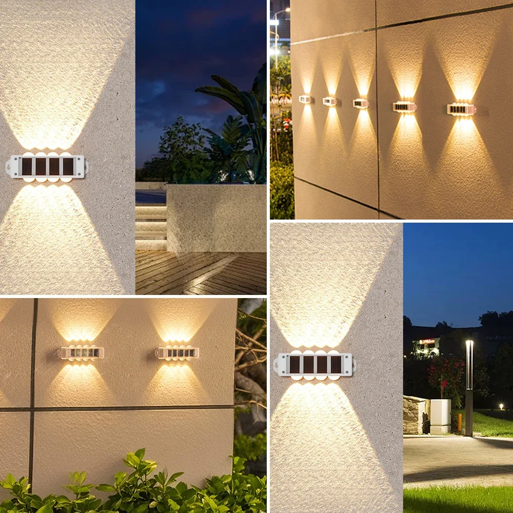 Solar Warm Light Wall Lights Up and down Lighting 8LED Wall Washing Waterproof for Outdoor Fence Walkway Porch Deck