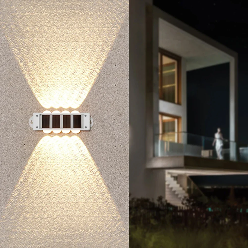 Solar Warm Light Wall Lights Up and down Lighting 8LED Wall Washing Waterproof for Outdoor Fence Walkway Porch Deck