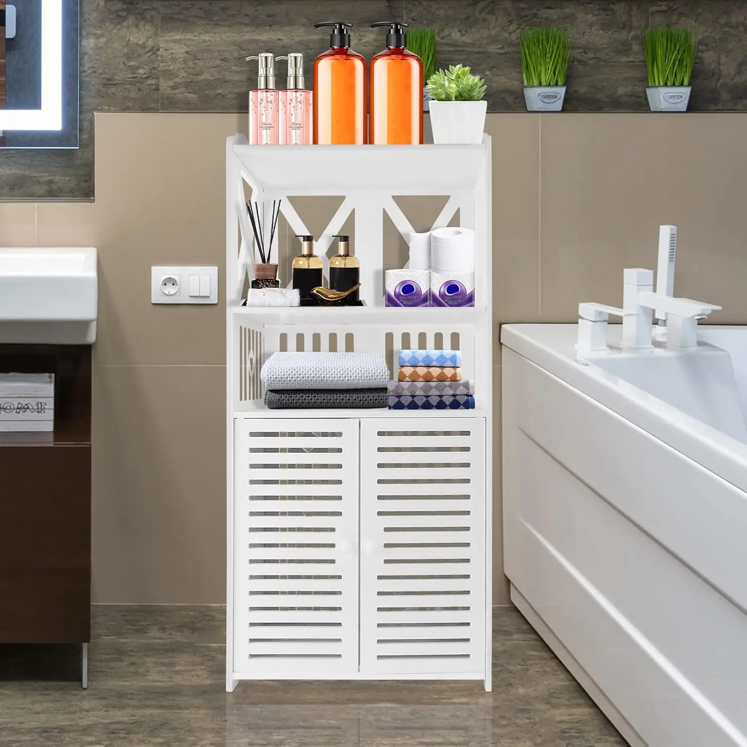 Bathroom Floor Cabinet,Waterproof FreeStanding Bathroom Storage Unit with Daily Use Layer and Cupboard Double Door,Multi-purpose