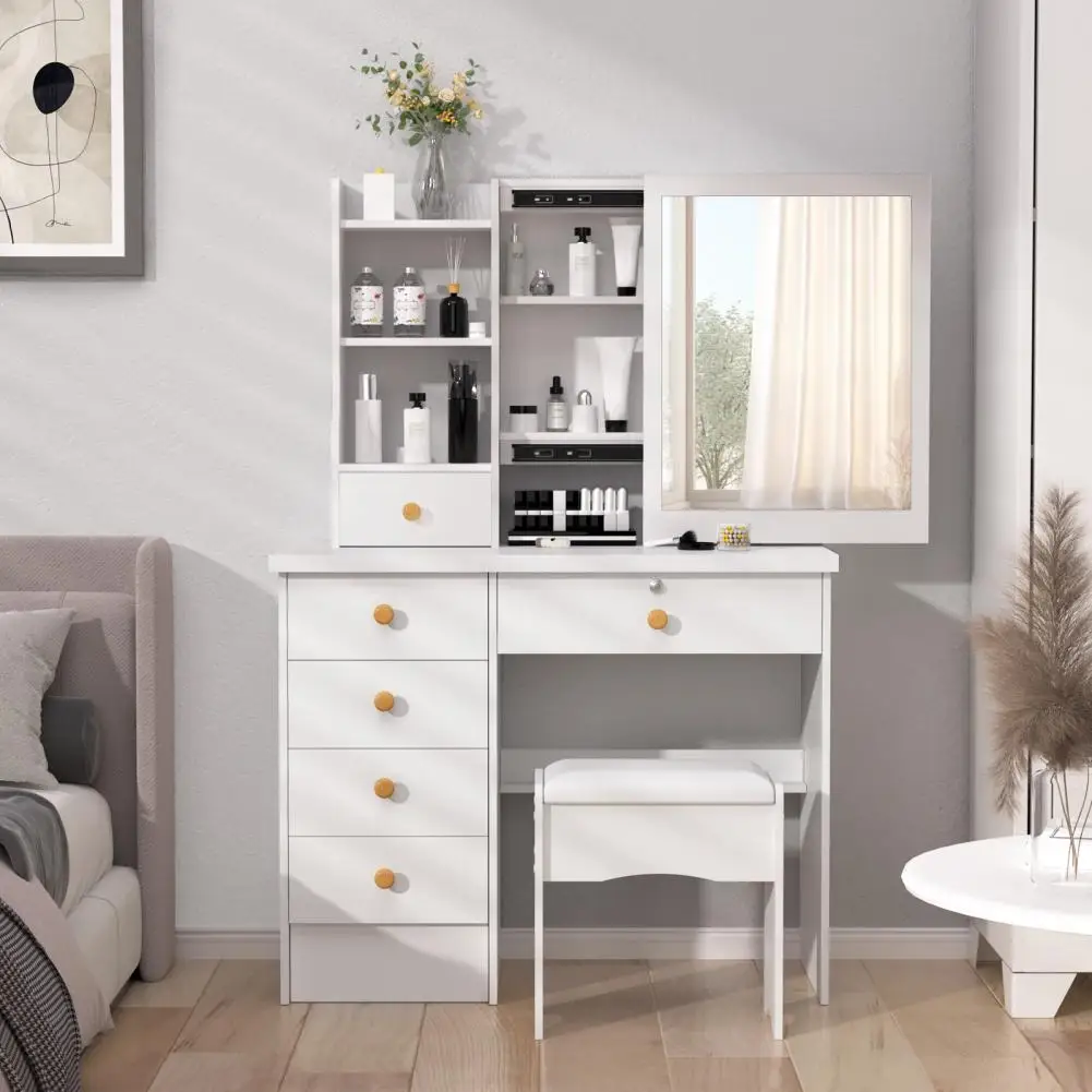 Makeup Vanities Vanity Desk with Sliding Mirror, Bedroom Dressing Table, Makeup Desk with 6 Drawers Bedroom Furniture