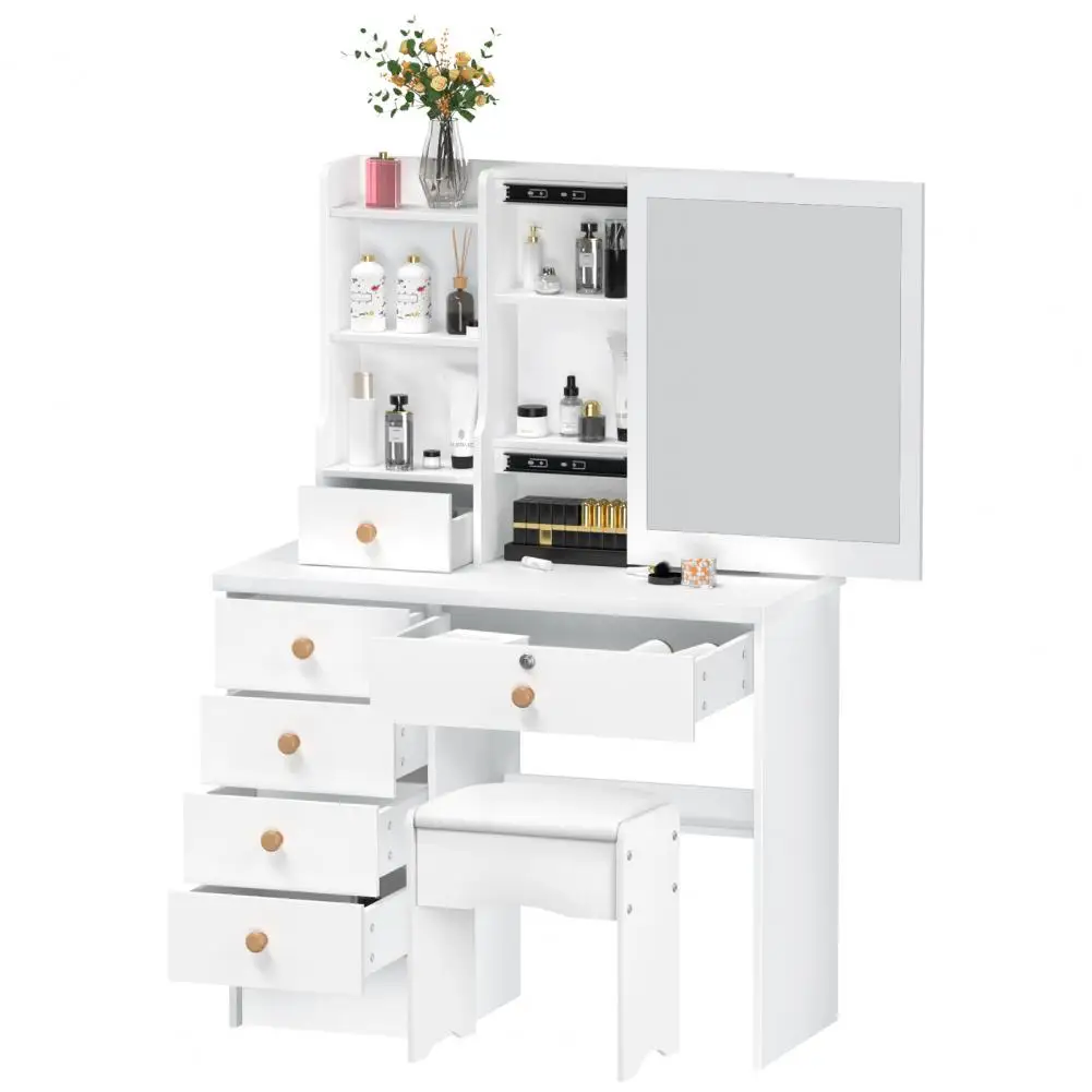Makeup Vanities Vanity Desk with Sliding Mirror, Bedroom Dressing Table, Makeup Desk with 6 Drawers Bedroom Furniture