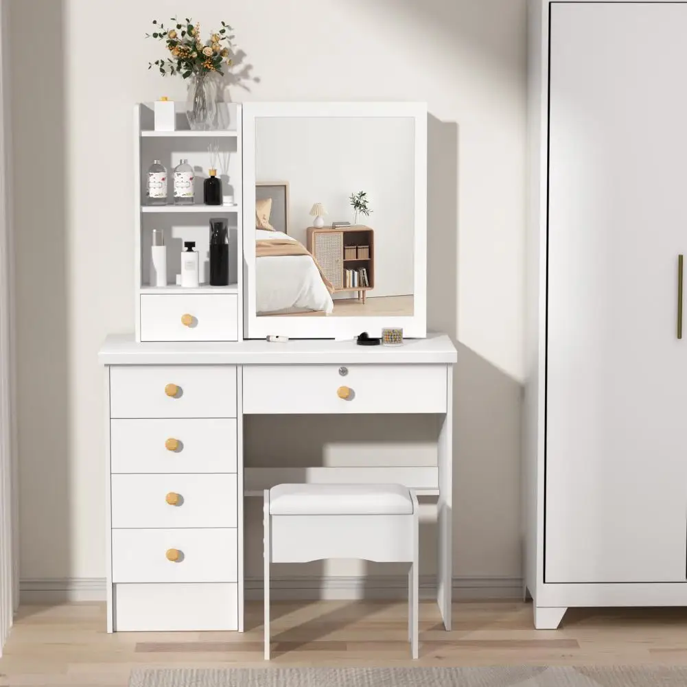 Makeup Vanities Vanity Desk with Sliding Mirror, Bedroom Dressing Table, Makeup Desk with 6 Drawers Bedroom Furniture
