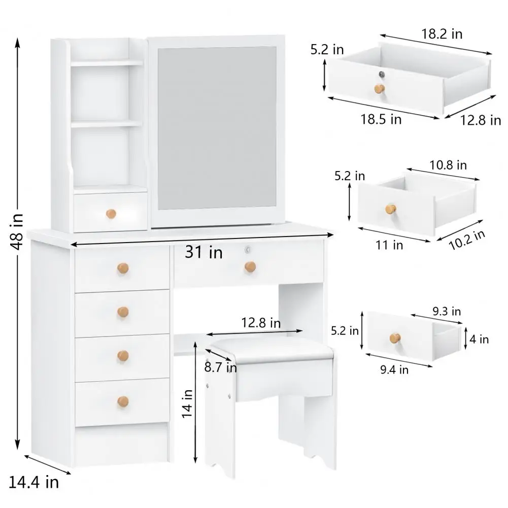 Makeup Vanities Vanity Desk with Sliding Mirror, Bedroom Dressing Table, Makeup Desk with 6 Drawers Bedroom Furniture