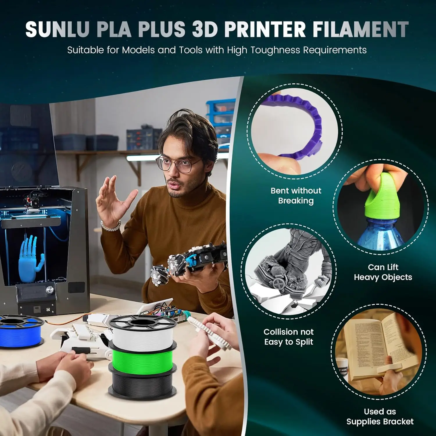 SUNLU Pla Plus 3D Filament 1.75mm Good Toughness Multicolor Neatly Wound PLA+ Filaments for FDM 3D Printing Materials 5KG