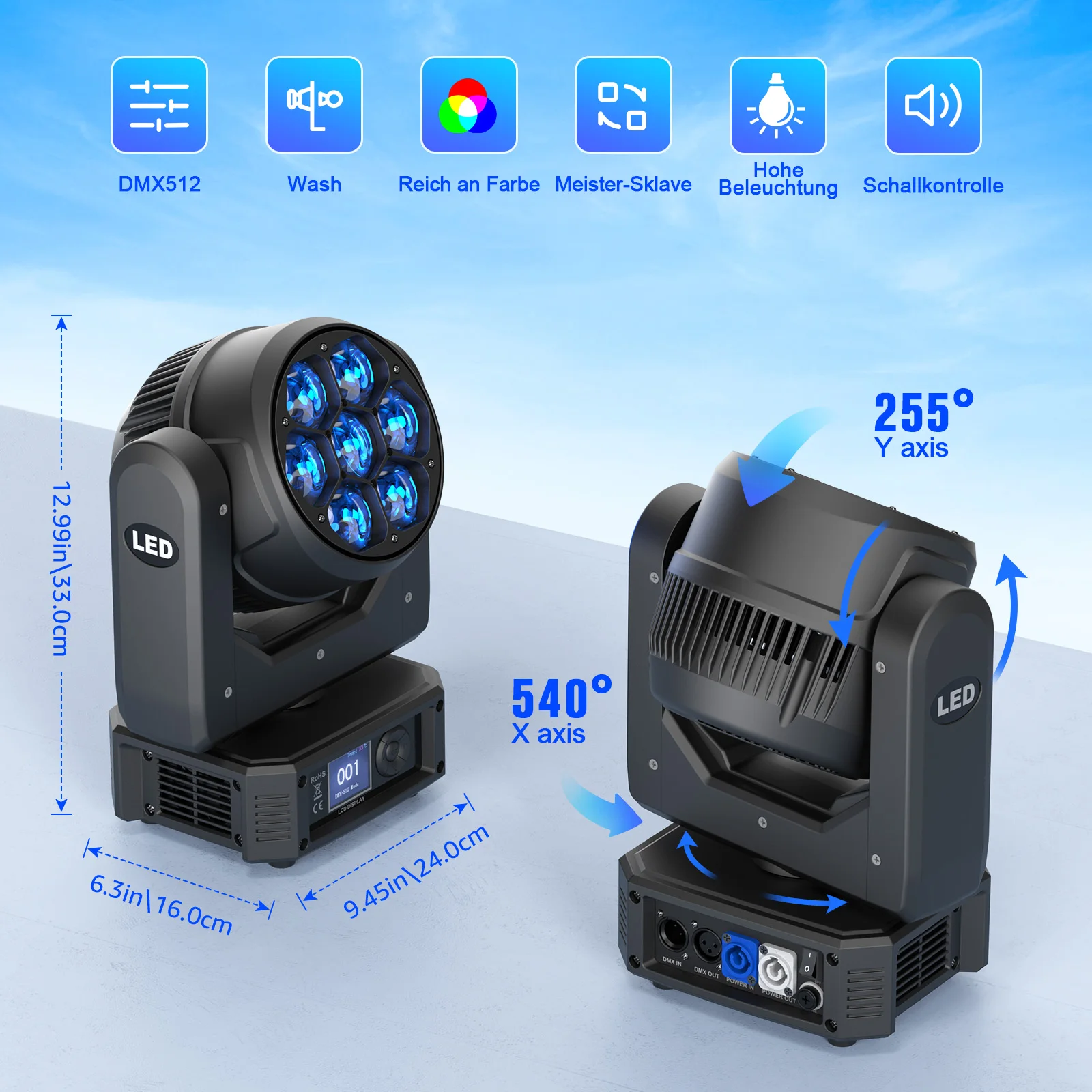 LeLeght 7X50W Moving Head LED DMX512 RGBW Light Effects 5 Control Mode With Strobe Lighting Effect for Party Disco Ballroom