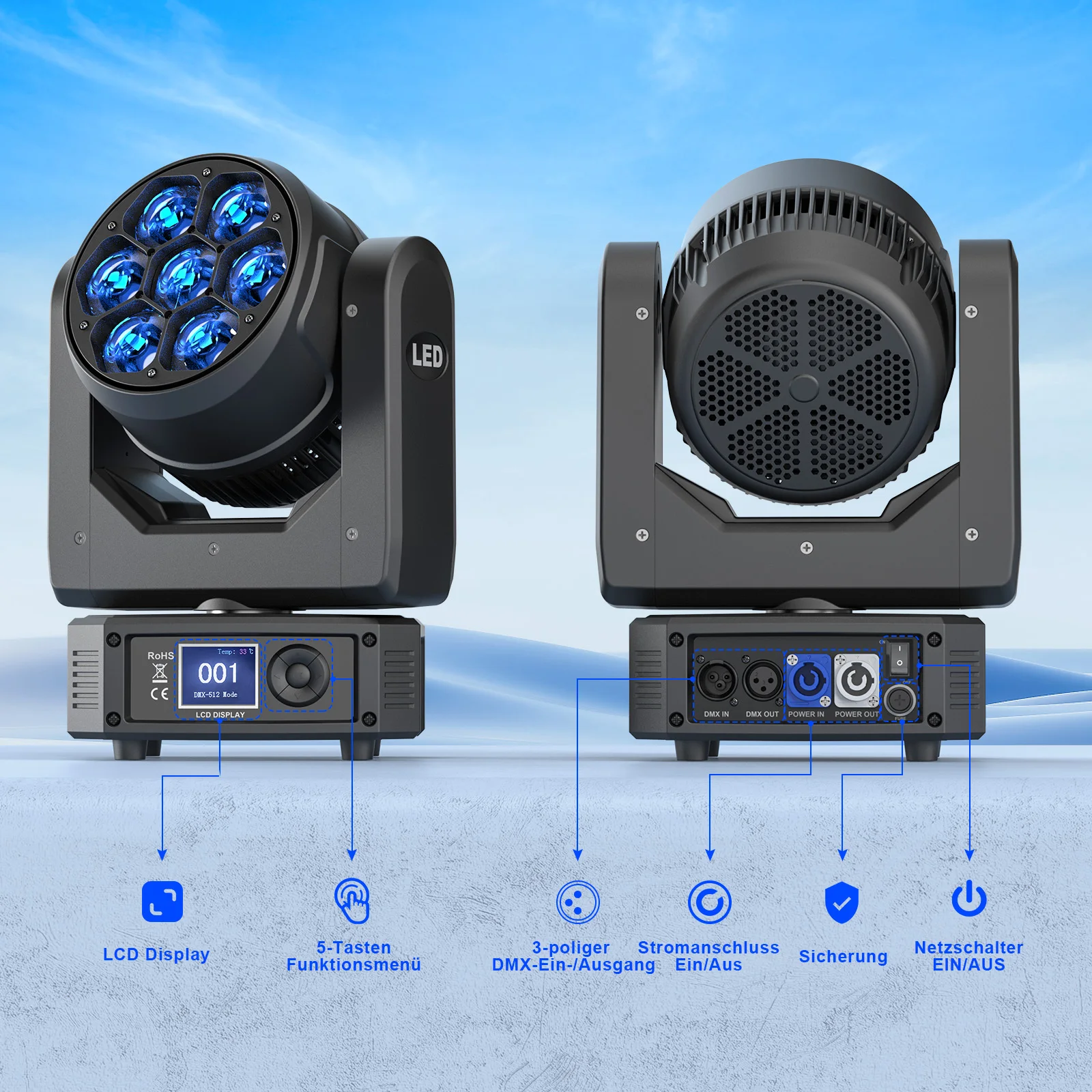 LeLeght 7X50W Moving Head LED DMX512 RGBW Light Effects 5 Control Mode With Strobe Lighting Effect for Party Disco Ballroom