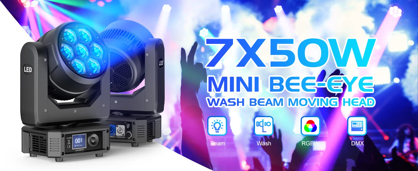 LeLeght 7X50W Moving Head LED DMX512 RGBW Light Effects 5 Control Mode With Strobe Lighting Effect for Party Disco Ballroom