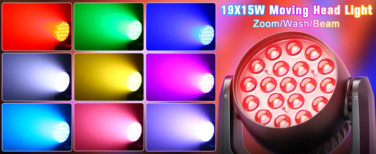 Datewink 2Pcs 19X15W LED Moving Head Lights 4IN1 RGBW Beam Wash Zoom Stage Lighting Effect DMX512 For DJ Disco Wedding Party Bar