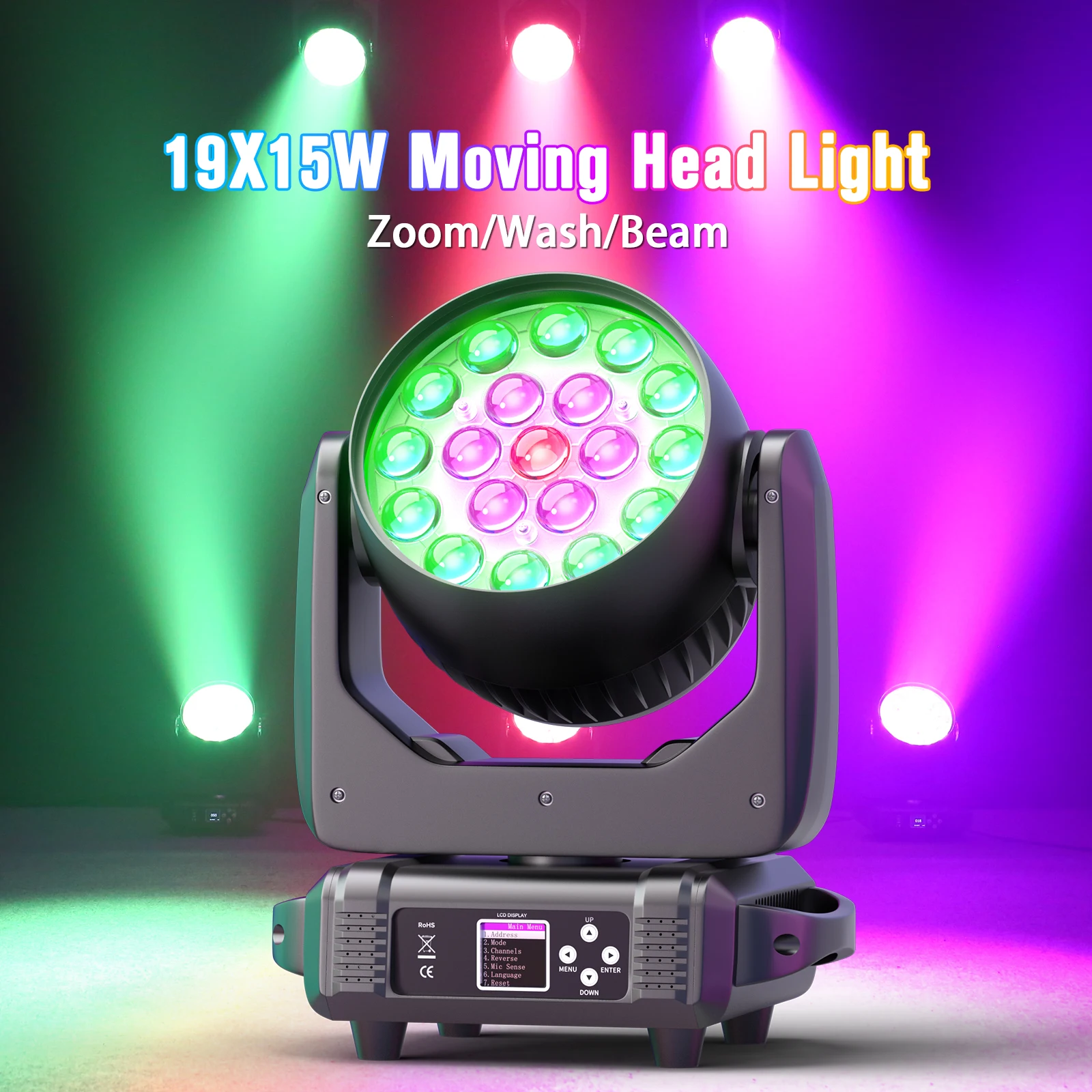 Datewink 2Pcs 19X15W LED Moving Head Lights 4IN1 RGBW Beam Wash Zoom Stage Lighting Effect DMX512 For DJ Disco Wedding Party Bar