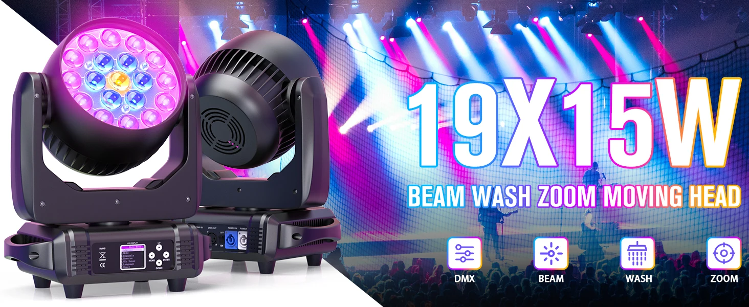 Datewink 2Pcs 19X15W LED Moving Head Lights 4IN1 RGBW Beam Wash Zoom Stage Lighting Effect DMX512 For DJ Disco Wedding Party Bar