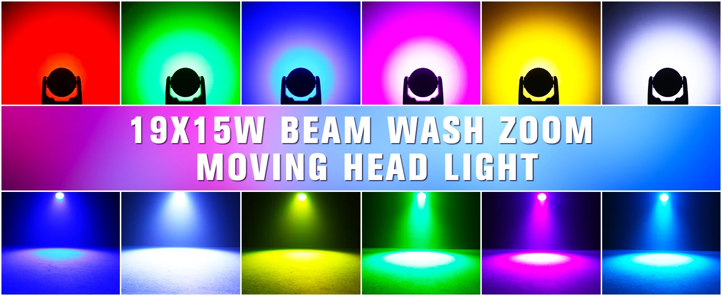 Datewink 2Pcs 19X15W LED Moving Head Lights 4IN1 RGBW Beam Wash Zoom Stage Lighting Effect DMX512 For DJ Disco Wedding Party Bar