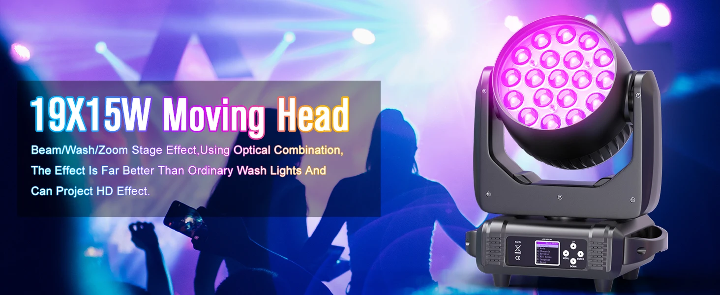 Datewink 2Pcs 19X15W LED Moving Head Lights 4IN1 RGBW Beam Wash Zoom Stage Lighting Effect DMX512 For DJ Disco Wedding Party Bar