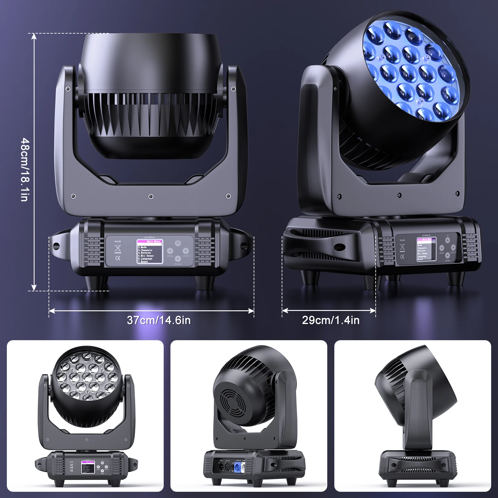 Datewink 2Pcs 19X15W LED Moving Head Lights 4IN1 RGBW Beam Wash Zoom Stage Lighting Effect DMX512 For DJ Disco Wedding Party Bar