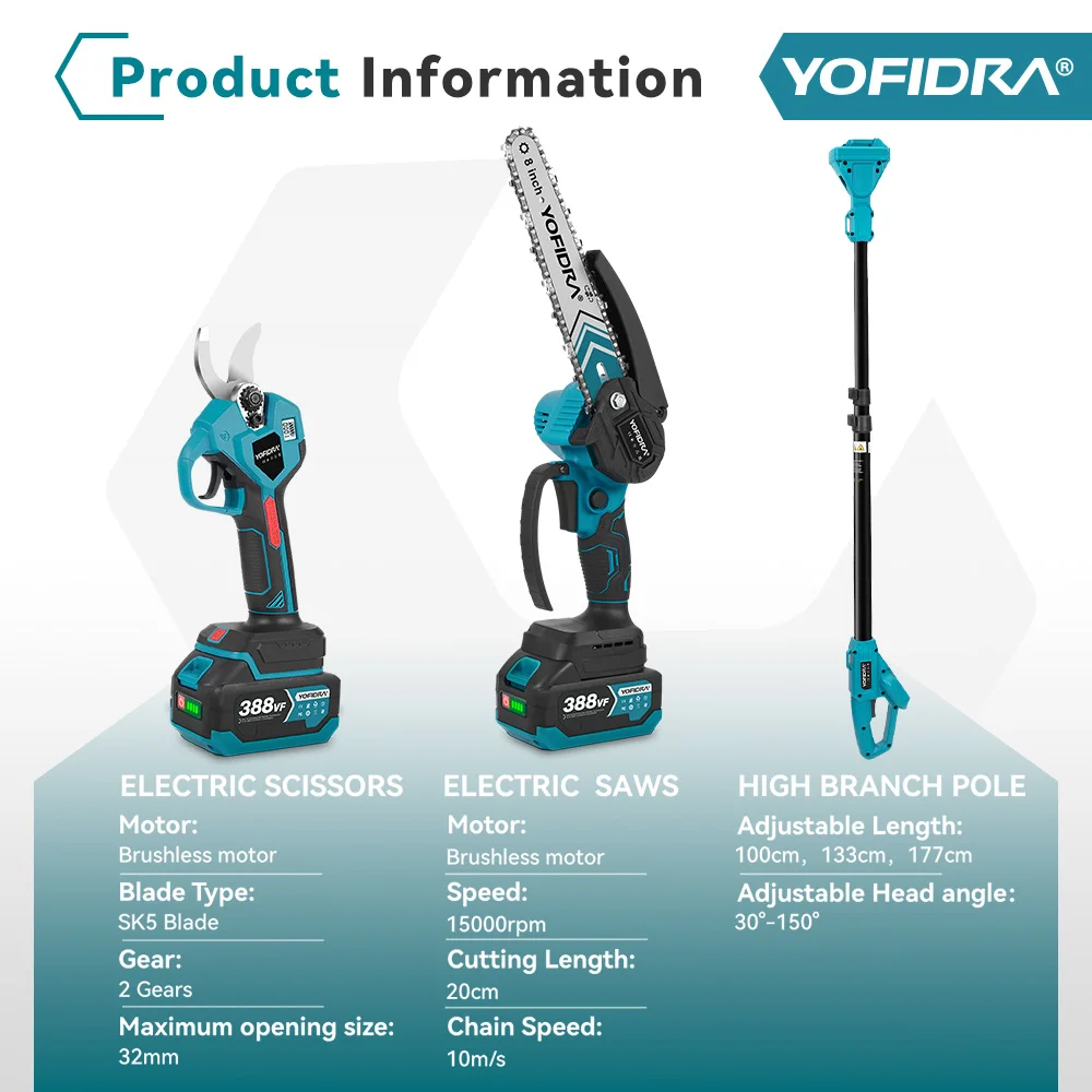 YOFIDRA Brushless Electric Chainsaw Telescoping Pole 3IN1 High Branch Saw Woodworking Pruning Power Tool For Makita Battery Pin