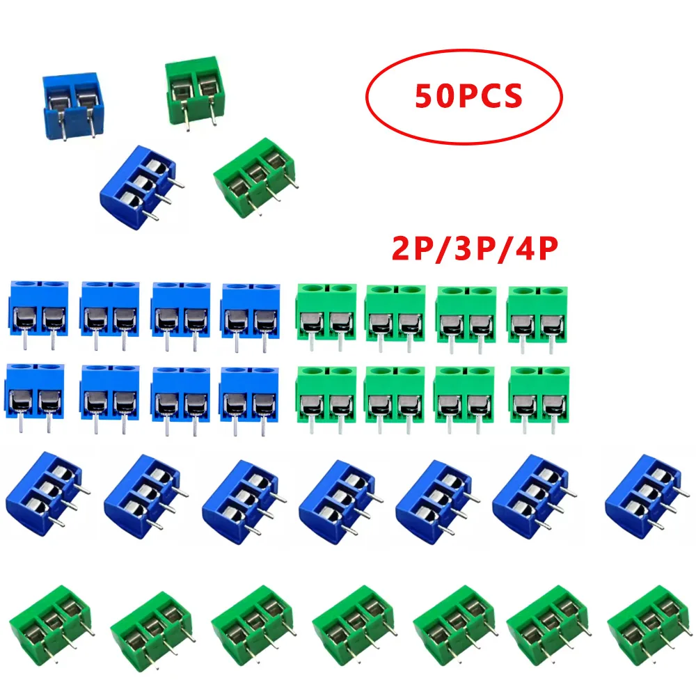 50PCS PCB Terminal Block Connector Pitch 5.0mm KF301 Straight Pin 2P 3P Screw PCB Terminal Blocks Connector Assortment Kit