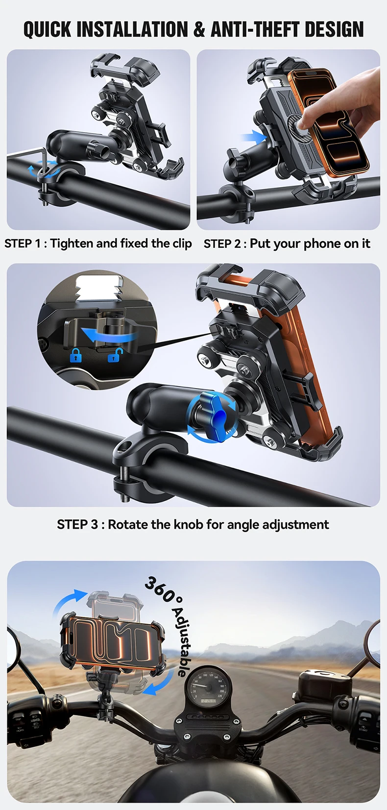 Joyroom Motorcycle Bike Phone Holder Mount with Vibration Dampener For Motorcycle Bike, Scooters ATV/UTV Universal Bicycle Mount