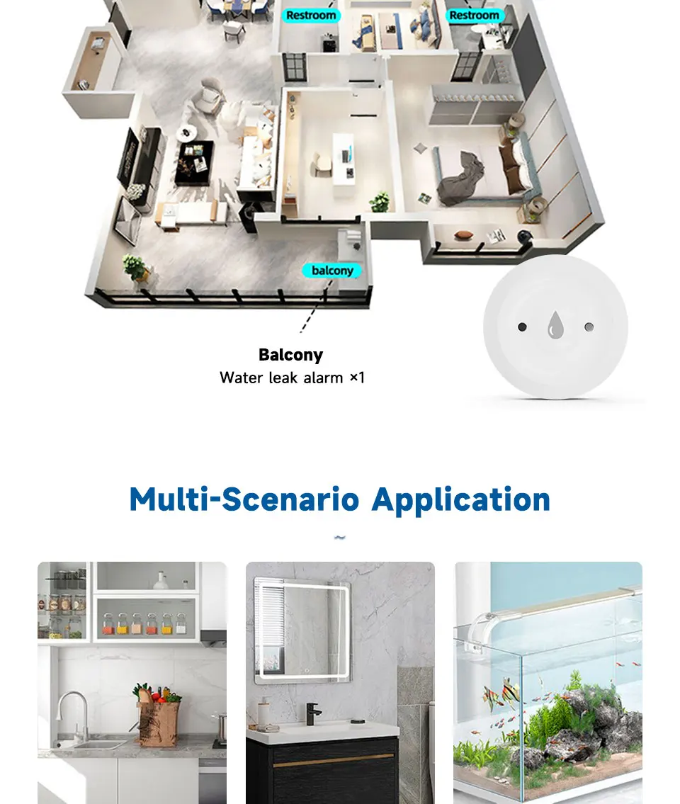 Zigbee Water Flood Sensor Leak Detector Home Security Alarm Remote Monitor Works with Home Assistant Zigbee2MQTT
