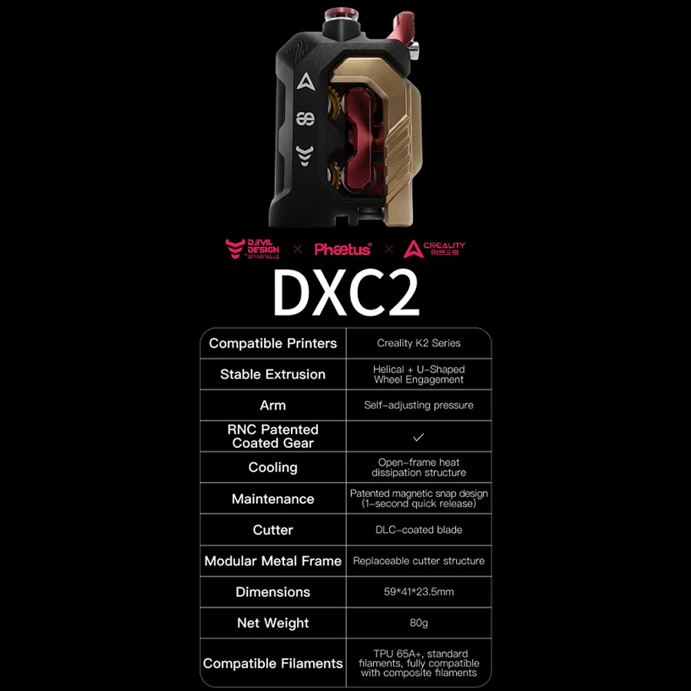 Newest DXC2 Extruder For Creality K2 Series One Snap Away /Patented RNC/Self-adjusting Pressure Arm For K2 Series 3D Printer