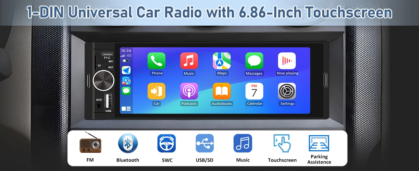 1DIN 6.86inch Universal MP5 Car Radio Support Wireless Carplay Android AUTO AUX USB BT Touch Screen Multimedia Video Player