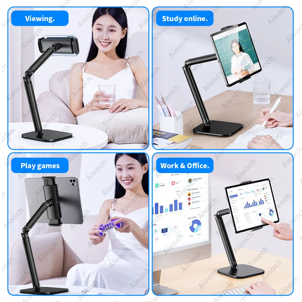 Tablet Stand Holder 15 in Adjustable Long Metal Flexible Arm for 4.7-13 in Phone iPad Stand Ergonomic Desktop Holder Multi-Angle