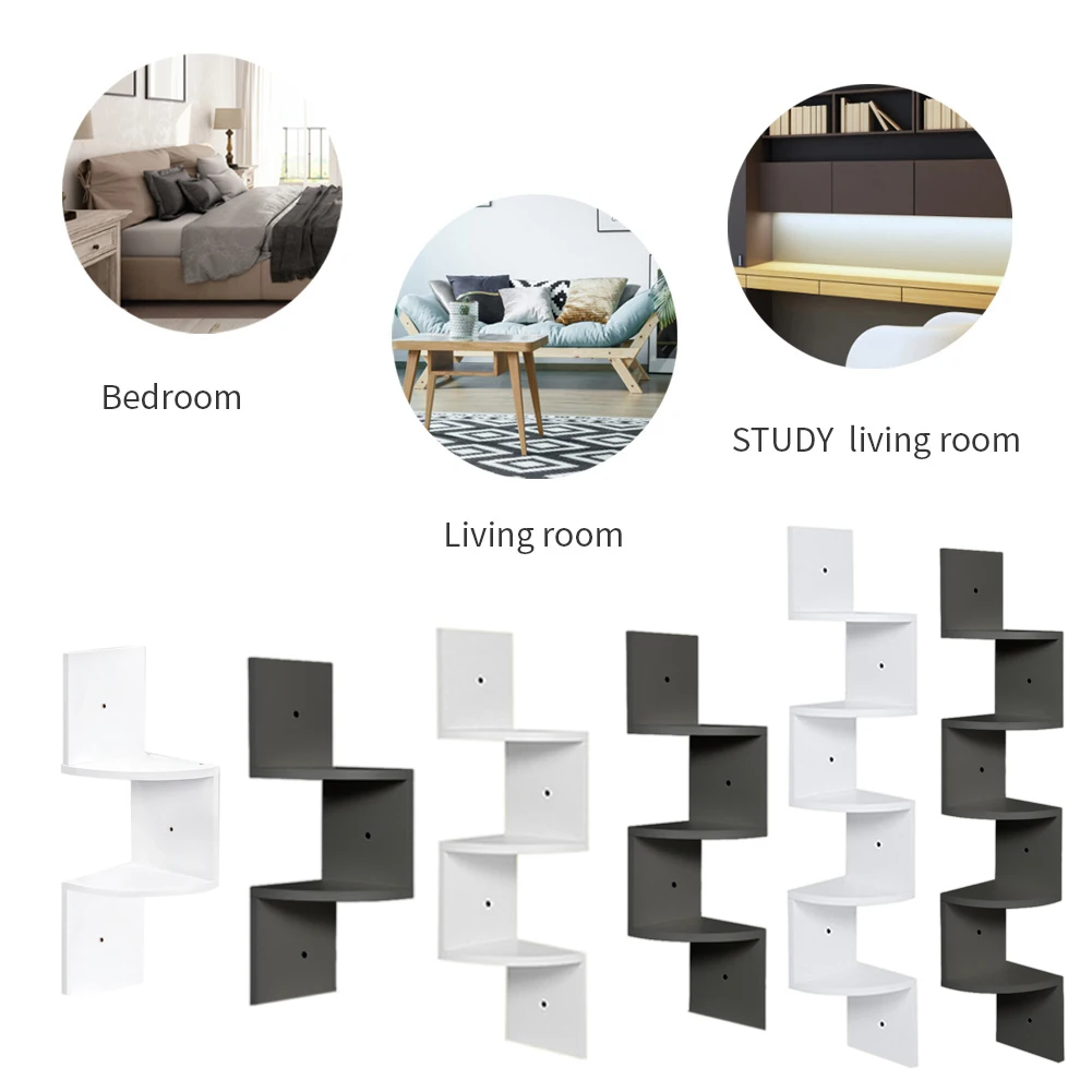 【Breeins】Wooden Zigzag Floating Corner Shelves Multi Tier Storage Organizer Shelf For Home Office