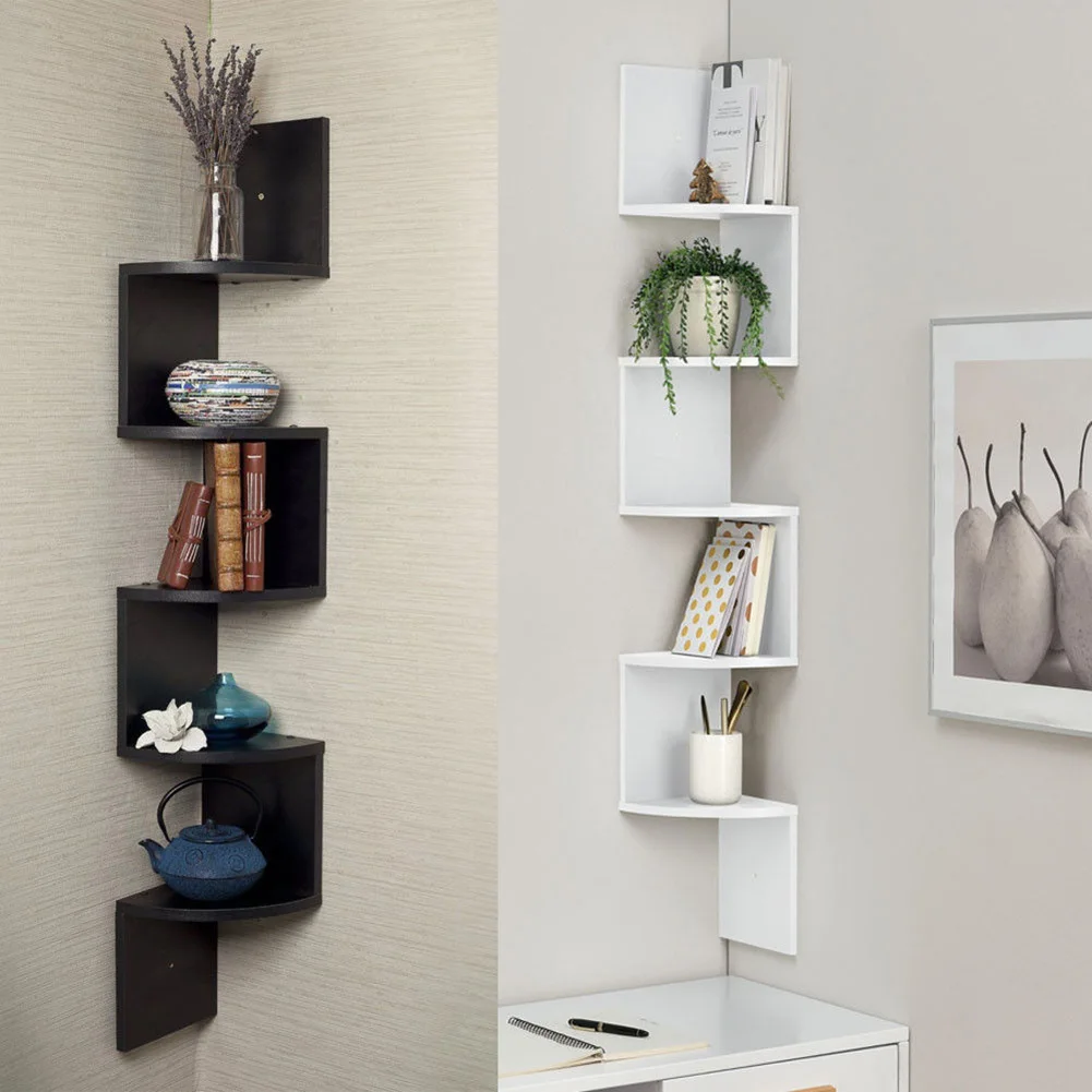 【Breeins】Wooden Zigzag Floating Corner Shelves Multi Tier Storage Organizer Shelf For Home Office