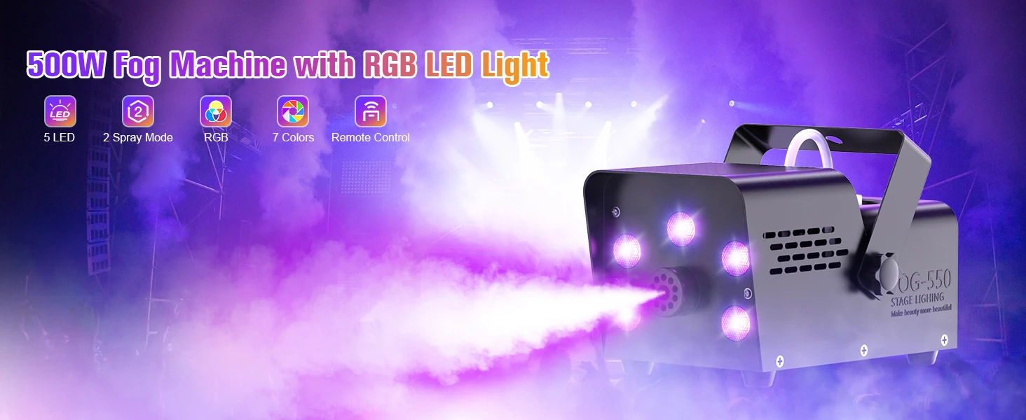 LeLeght 500W Smoke Machine RGB Colorful 5 LEDs Fog Ejector Stage Effect Fogger Spray Equipment for Wedding Halloween DJ Show