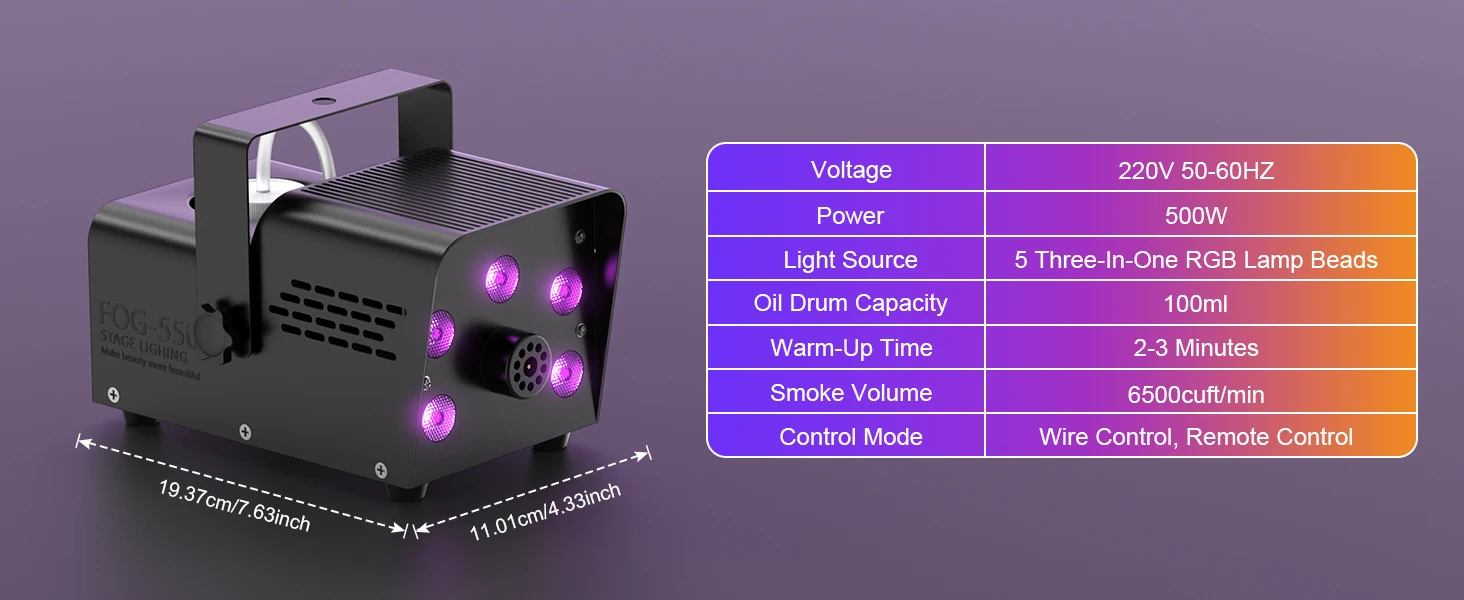 LeLeght 500W Smoke Machine RGB Colorful 5 LEDs Fog Ejector Stage Effect Fogger Spray Equipment for Wedding Halloween DJ Show