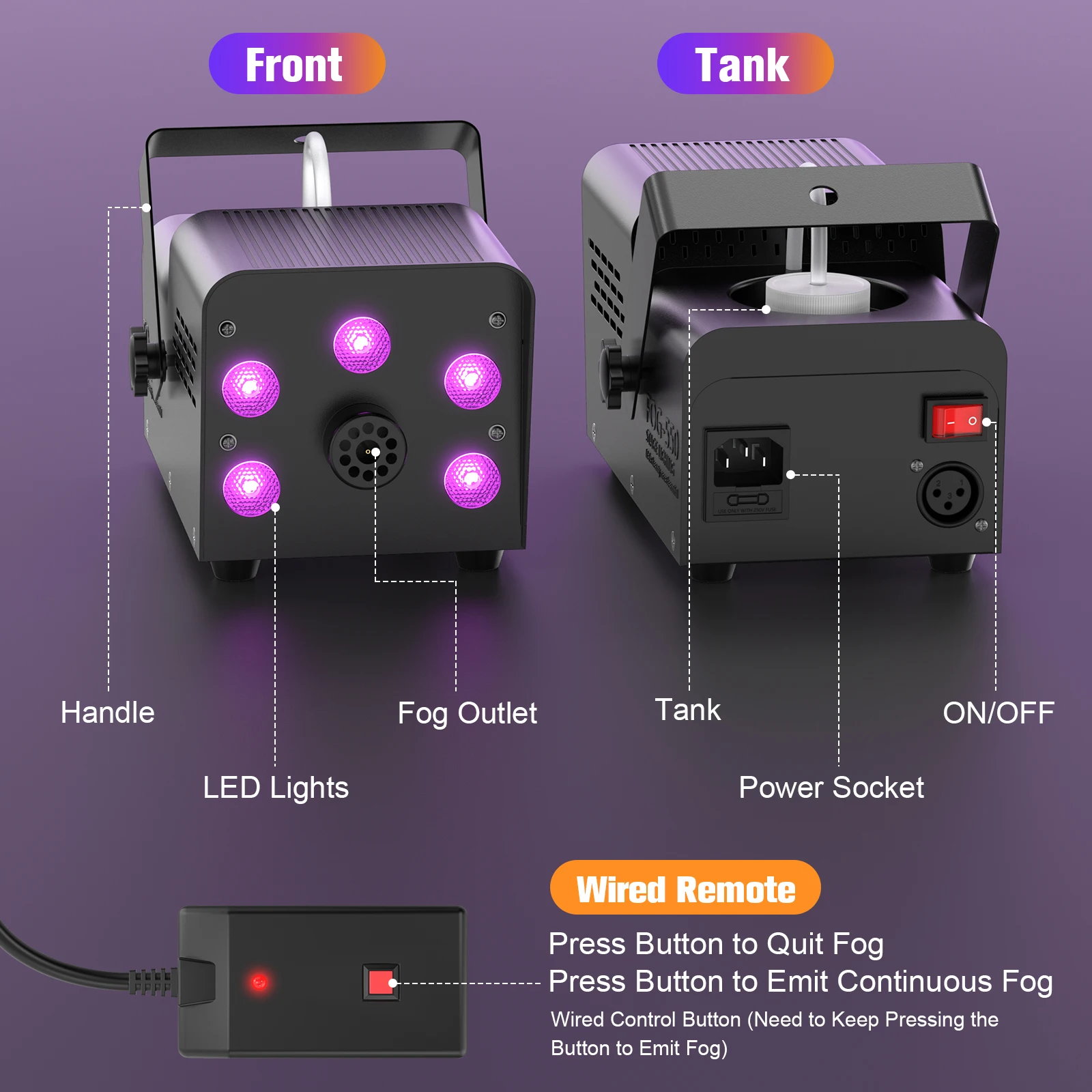 LeLeght 500W Smoke Machine RGB Colorful 5 LEDs Fog Ejector Stage Effect Fogger Spray Equipment for Wedding Halloween DJ Show
