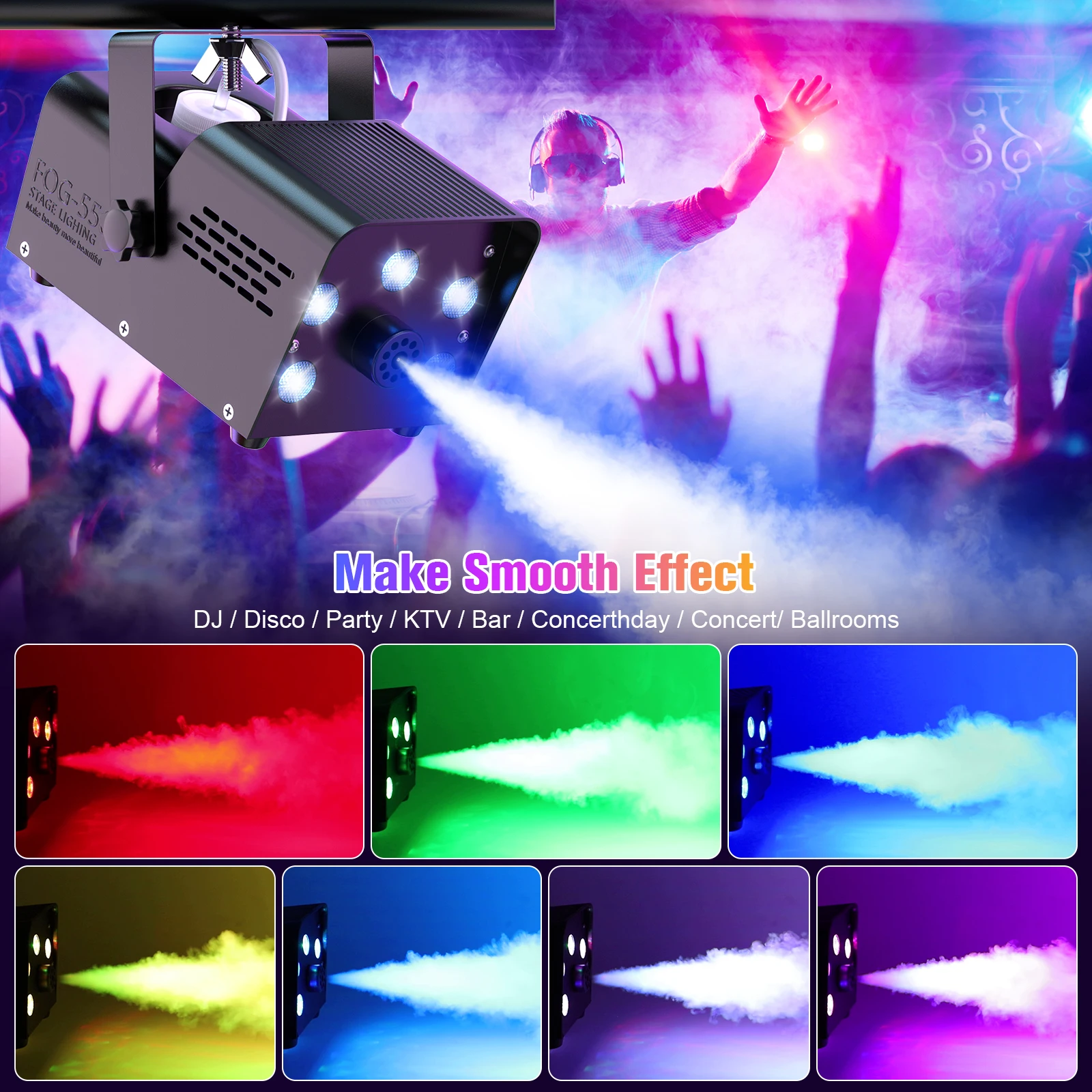 LeLeght 500W Smoke Machine RGB Colorful 5 LEDs Fog Ejector Stage Effect Fogger Spray Equipment for Wedding Halloween DJ Show