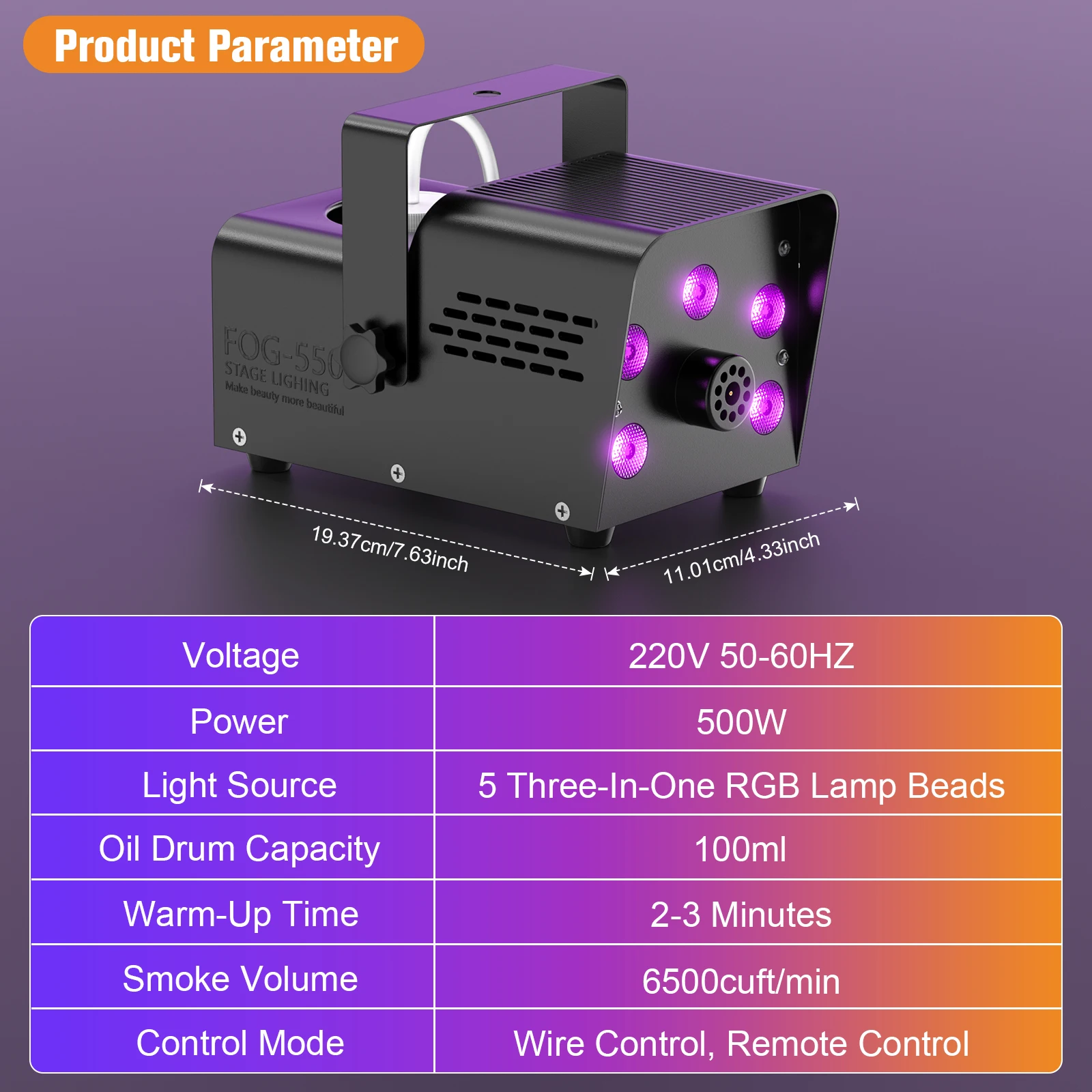 LeLeght 500W Smoke Machine RGB Colorful 5 LEDs Fog Ejector Stage Effect Fogger Spray Equipment for Wedding Halloween DJ Show