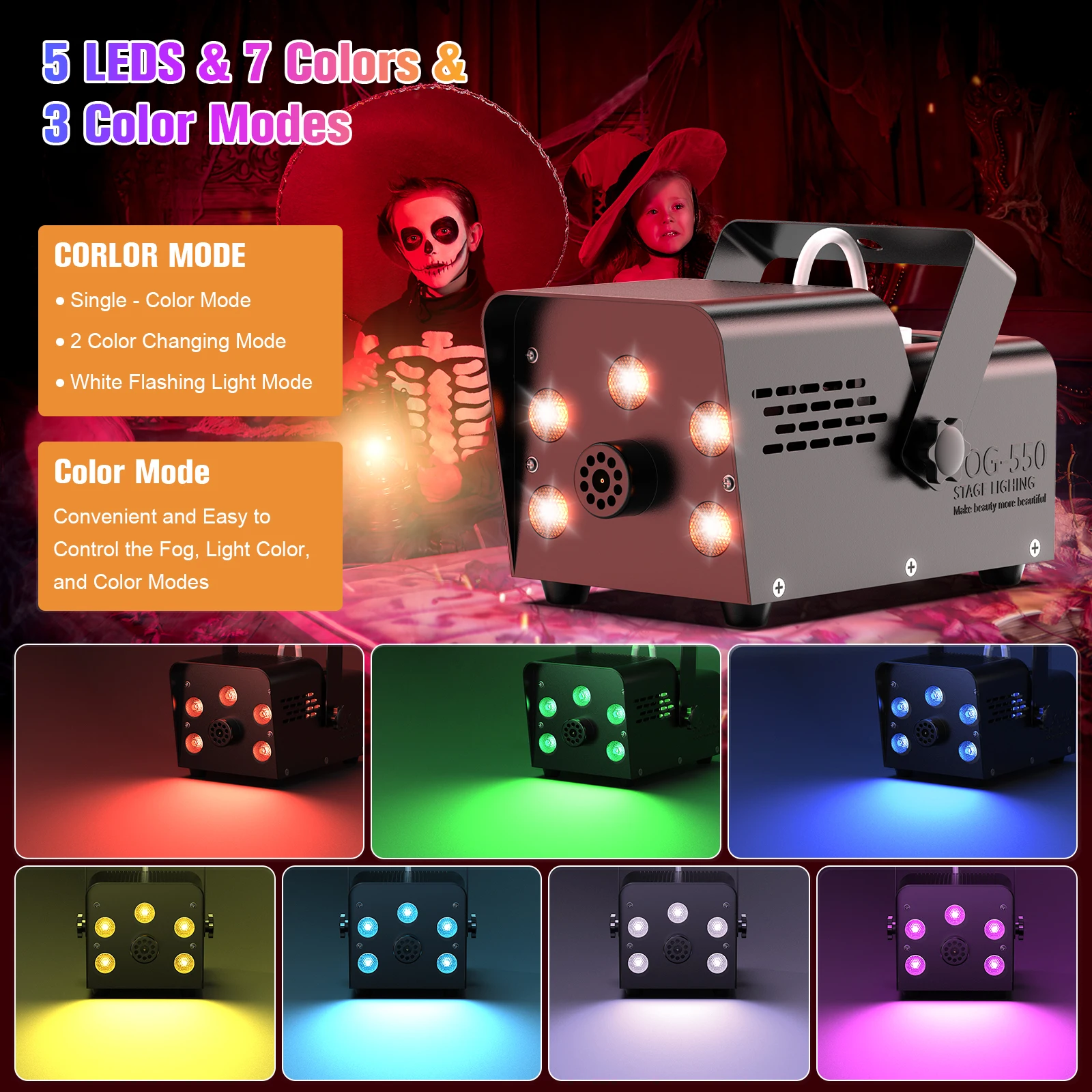 LeLeght 500W Smoke Machine RGB Colorful 5 LEDs Fog Ejector Stage Effect Fogger Spray Equipment for Wedding Halloween DJ Show