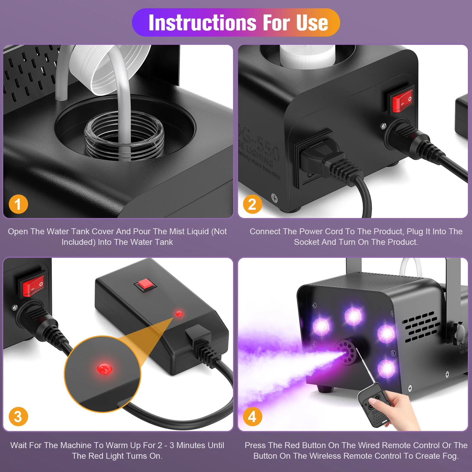 LeLeght 500W Smoke Machine RGB Colorful 5 LEDs Fog Ejector Stage Effect Fogger Spray Equipment for Wedding Halloween DJ Show
