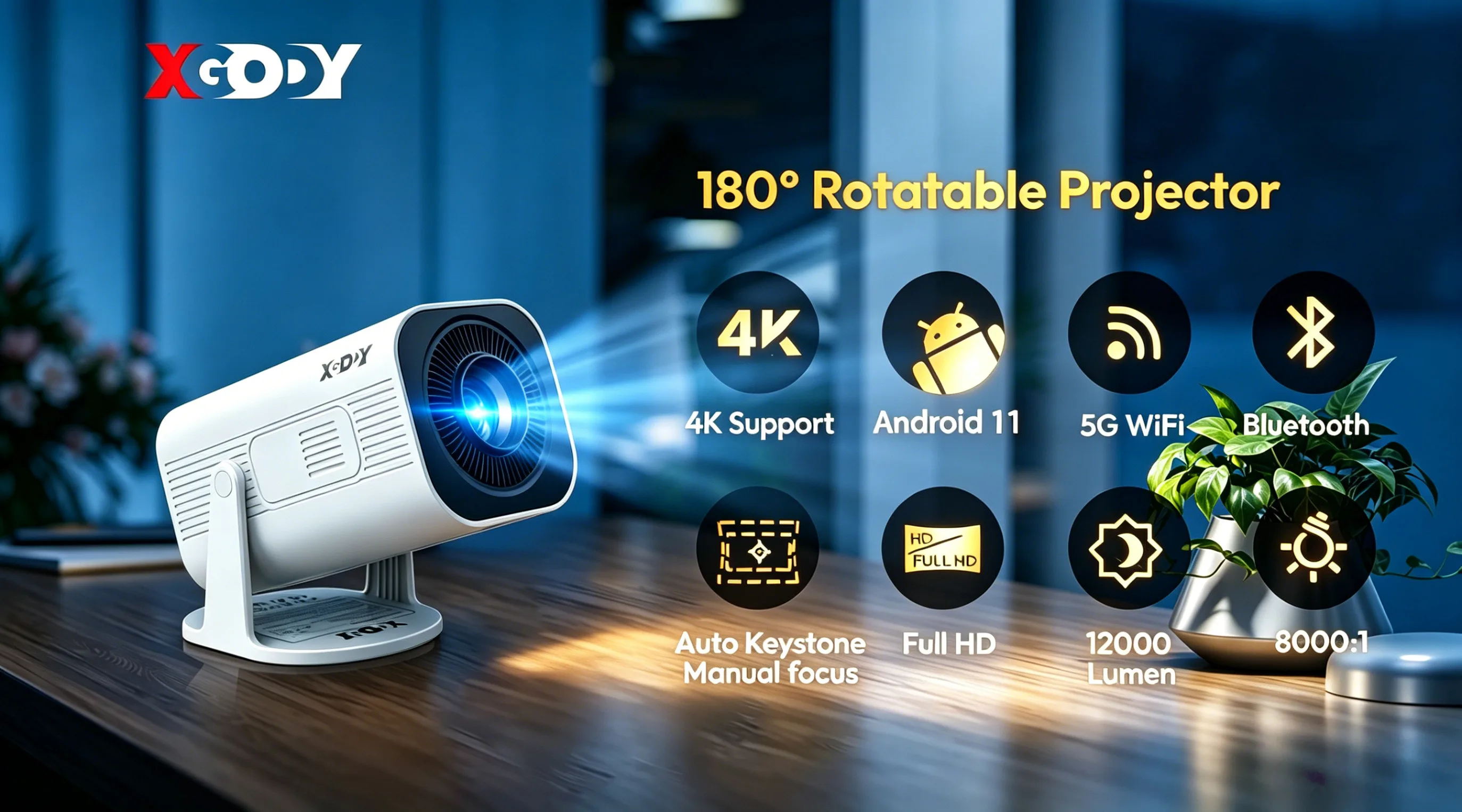 XGODY Portable Gimbal 3 Pro 12000LM 4K Projector 2.4G/5G WiFi Bluetooth 5.4 Android 11 Mini Home Theater Portable projector