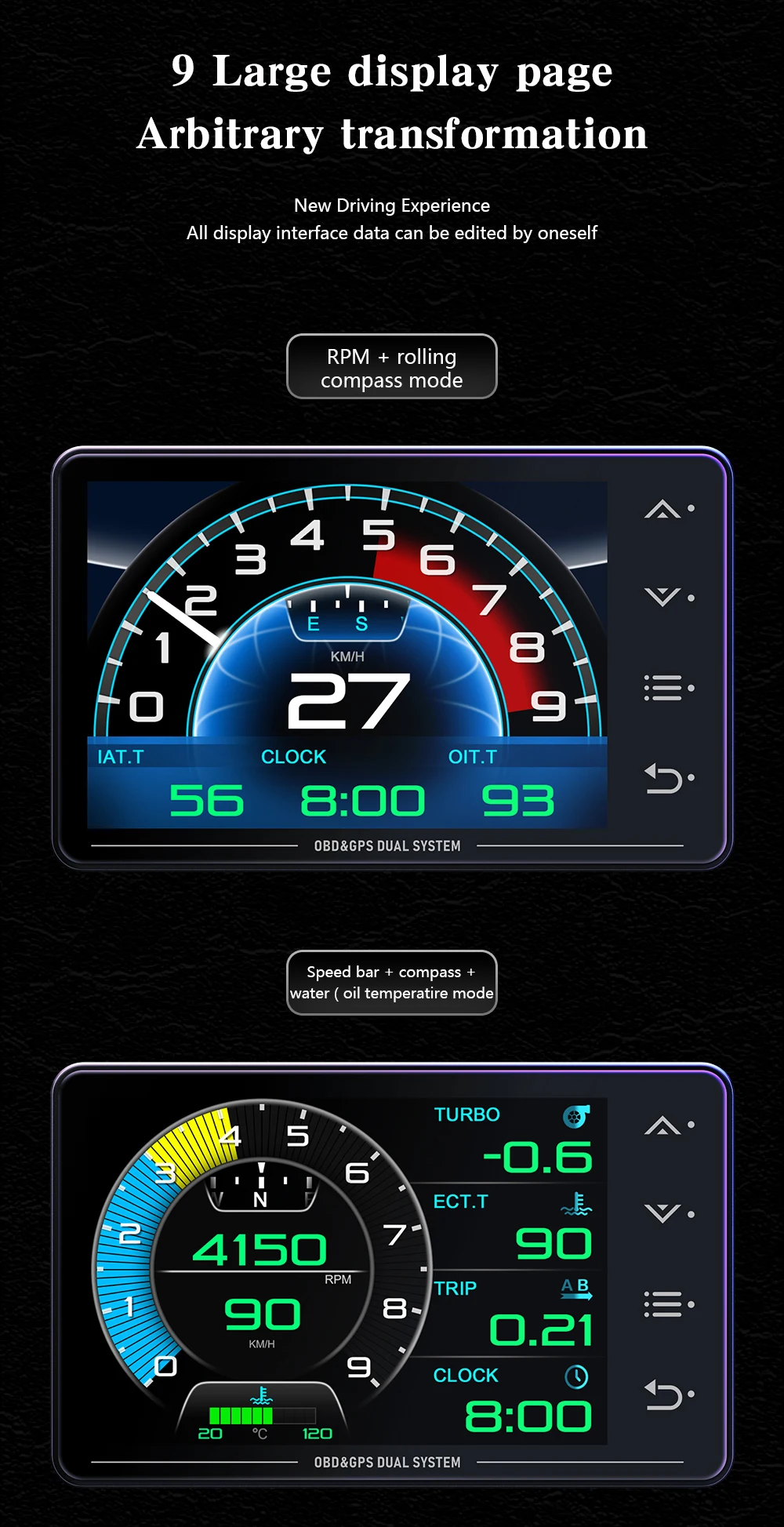 New XS LCD Gauge OBD+GPS Head Up Display Turbo Boost Oil Pressure Oil Temperature G Value Gyroscope Meter LCD Display