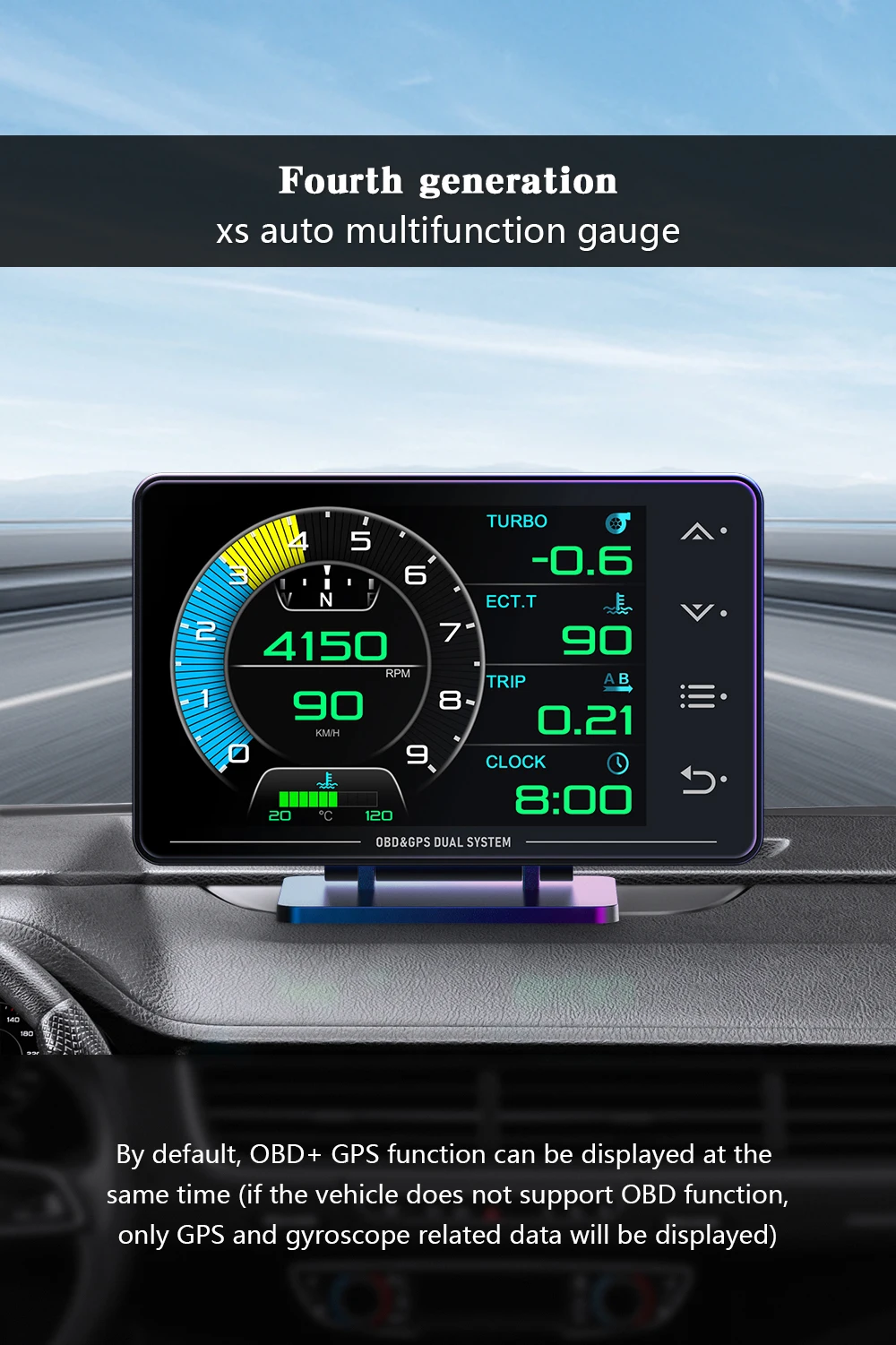 New XS LCD Gauge OBD+GPS Head Up Display Turbo Boost Oil Pressure Oil Temperature G Value Gyroscope Meter LCD Display
