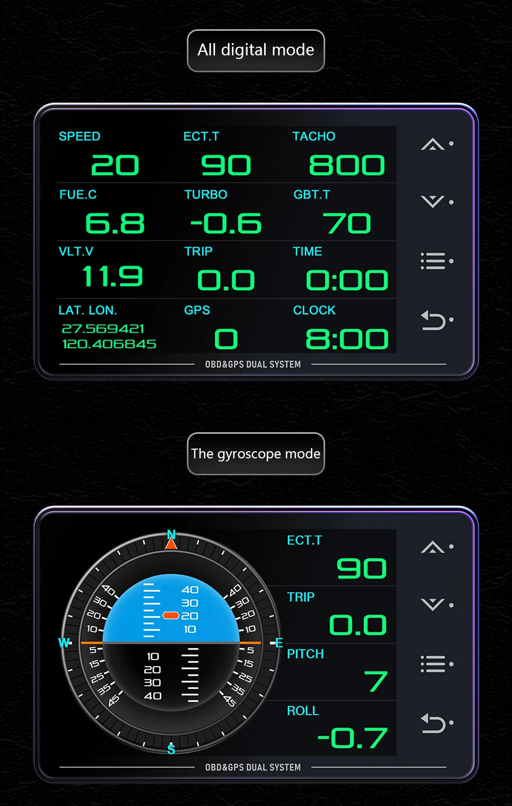 New XS LCD Gauge OBD+GPS Head Up Display Turbo Boost Oil Pressure Oil Temperature G Value Gyroscope Meter LCD Display