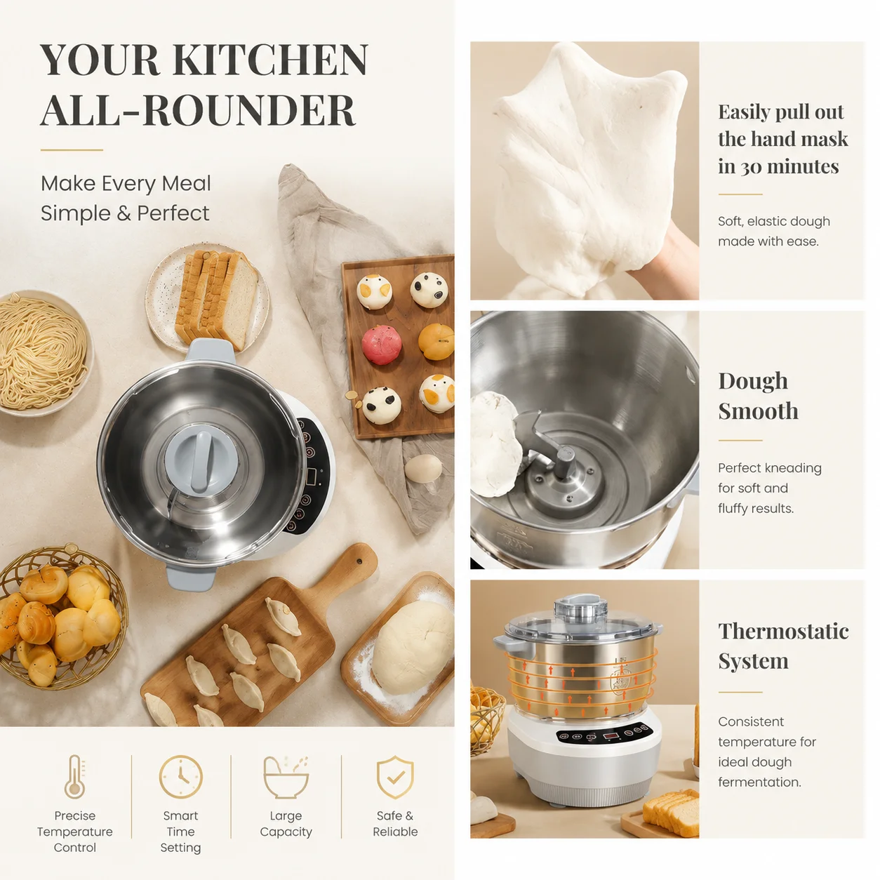 Dough Kneading Machine 5L 7L Dough Maker Electric Kneading Machine Dough Mixer with Fermentation Function Stainless Steel