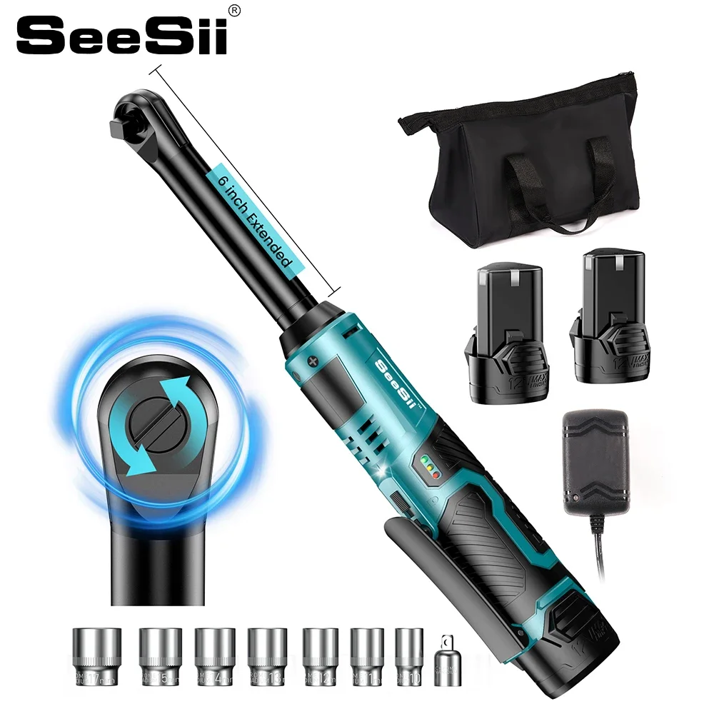 Seesii 3/8'' 6'' Extended Ratchet Wrench Electric Angle Wrench 55Nm Cordless Electric Wrench Driver Auto Repair Tools Set 12V