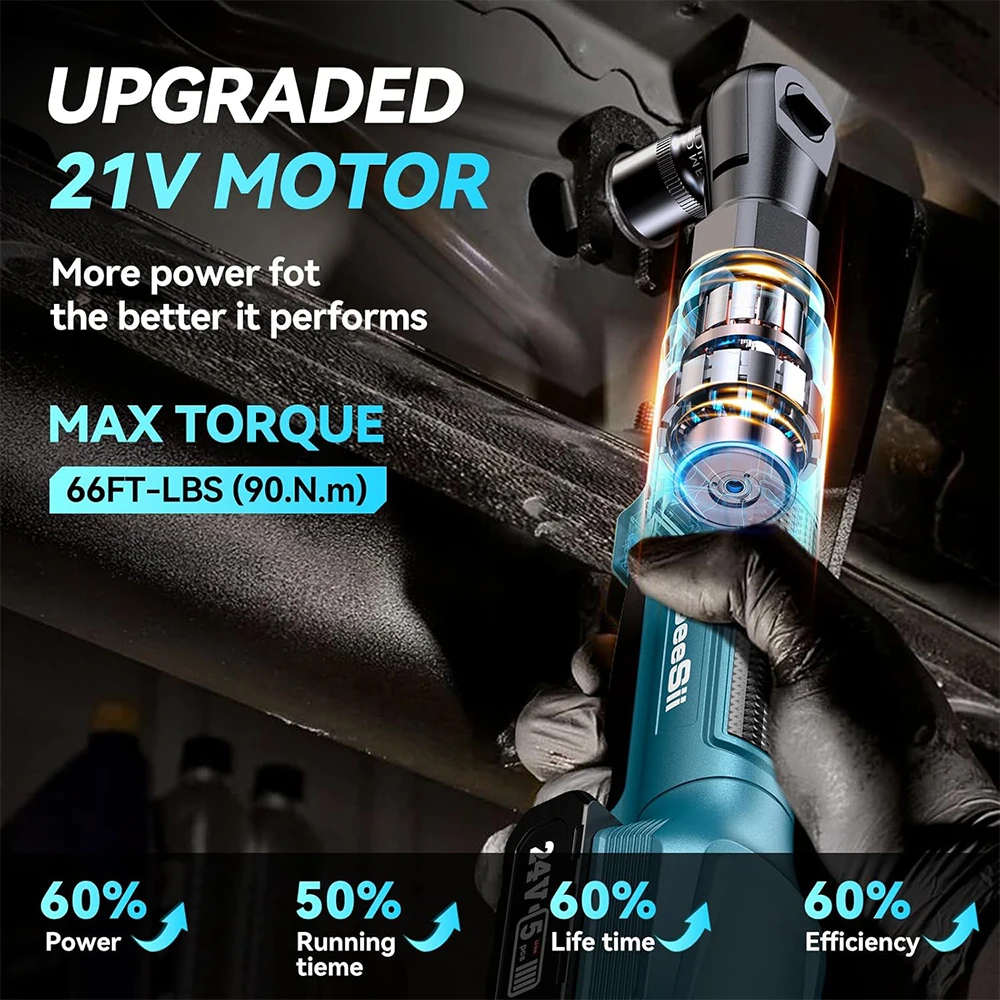 Seesii 3/8'' 6'' Extended Ratchet Wrench Electric Angle Wrench 55Nm Cordless Electric Wrench Driver Auto Repair Tools Set 12V