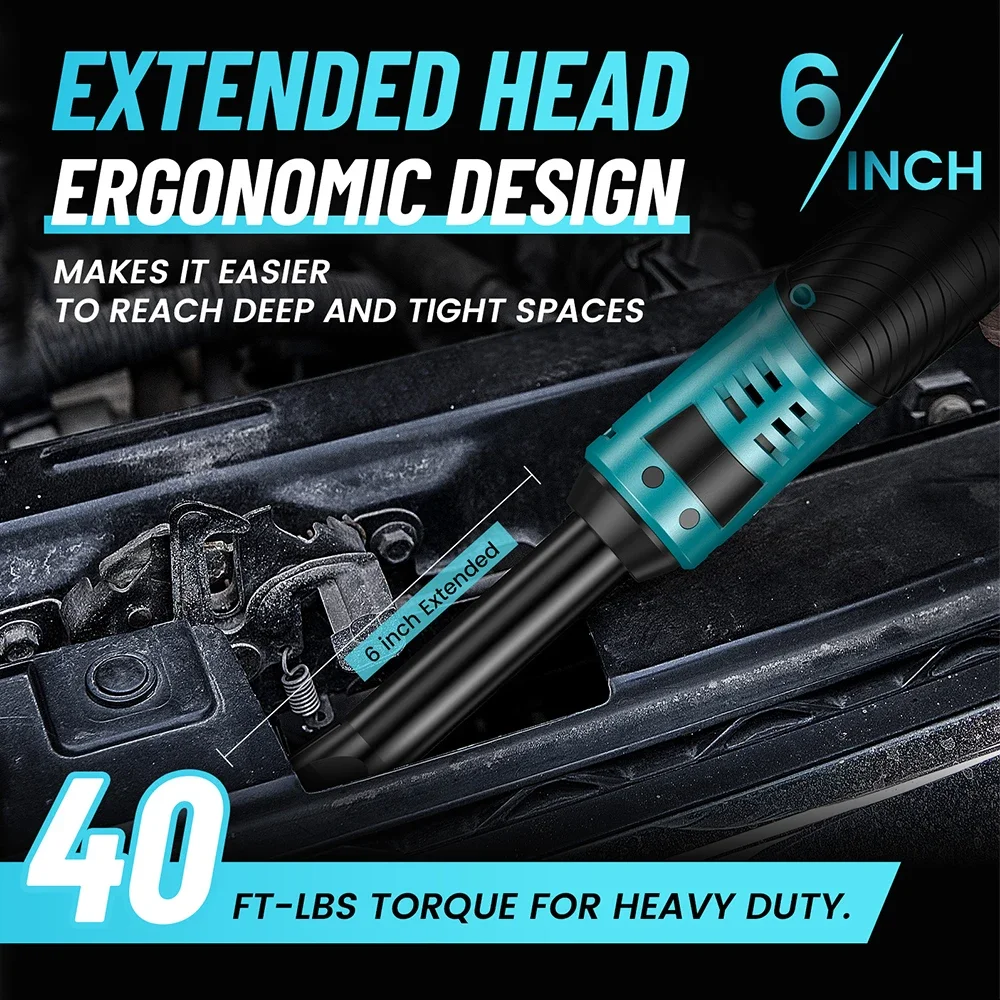 Seesii 3/8'' 6'' Extended Ratchet Wrench Electric Angle Wrench 55Nm Cordless Electric Wrench Driver Auto Repair Tools Set 12V