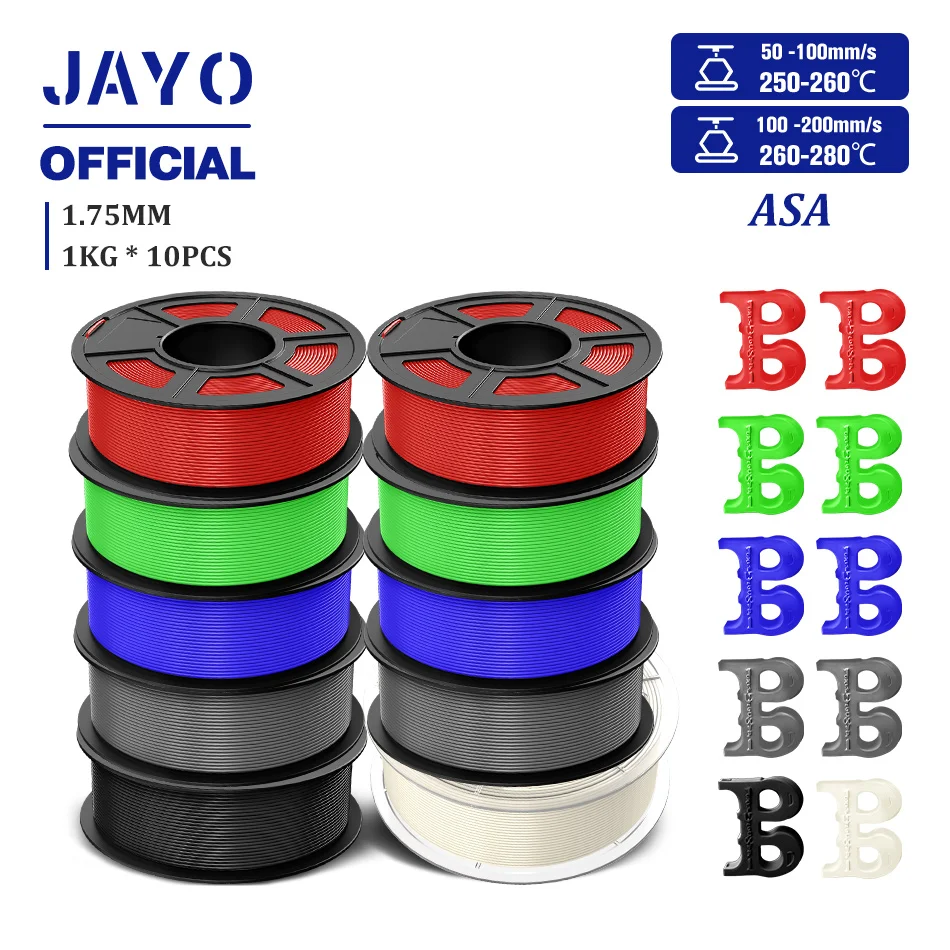 JAYO 3D Filament ASA Filament 1.75mm UV/Rain/Heat Resistant Tough 3D Printer Filament 10Rolls/Set For 3D Printers